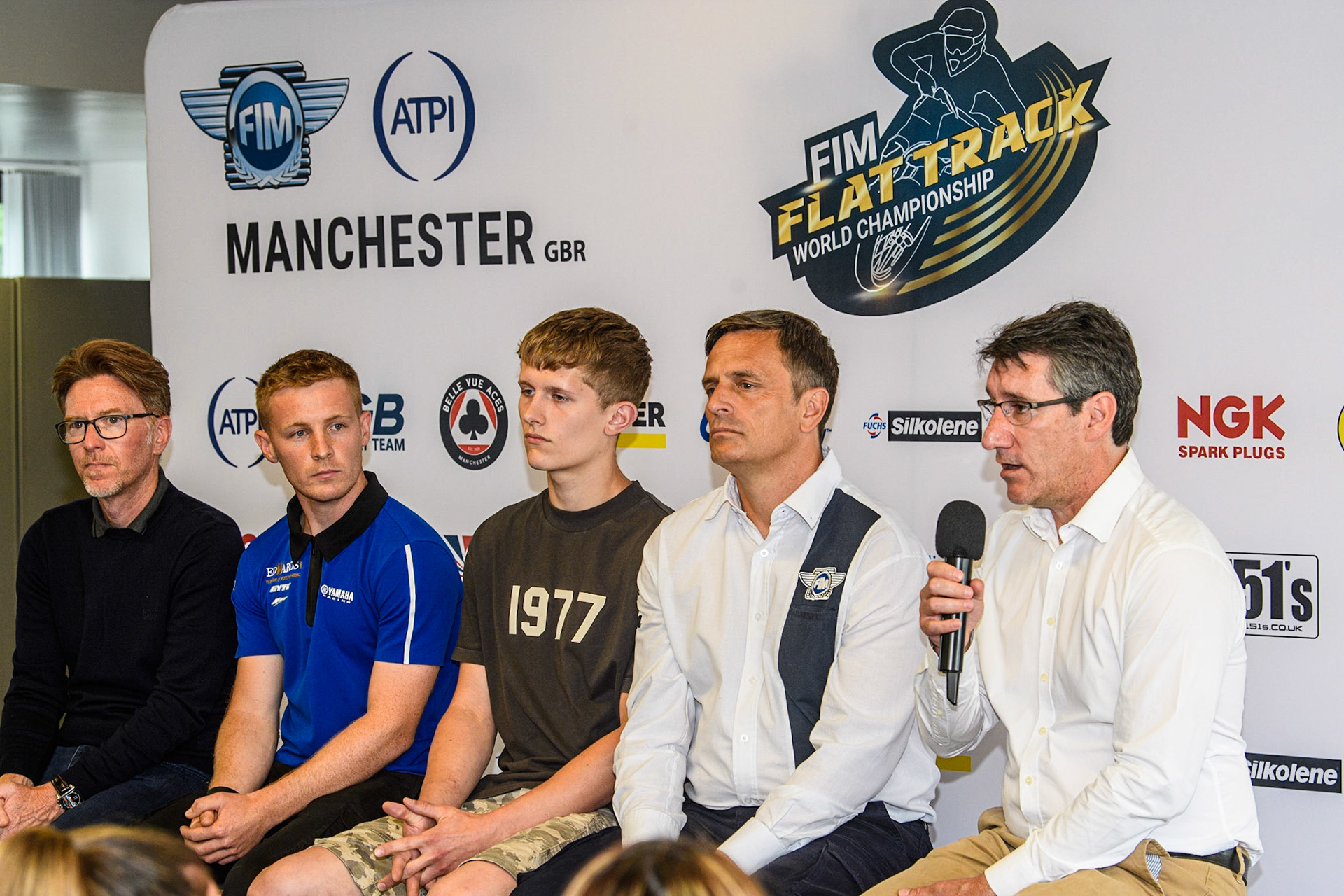 (l - r) Former World Speedway Champion and ATPI Representitive Jason Crump, British Flat Track Round Wild Card, Tim Neave, Flat Track rider Archie May, FIM Representitive Phil Morris, Belle Vue CEO Mark Lemonduring the FIM Flat Track World Championship &amp; FIM Women's Speedway Academy Launch at the National Speedway Stadium, Manchester on Monday 3rd July 2023. (Photo: Ian Charles | MI News)