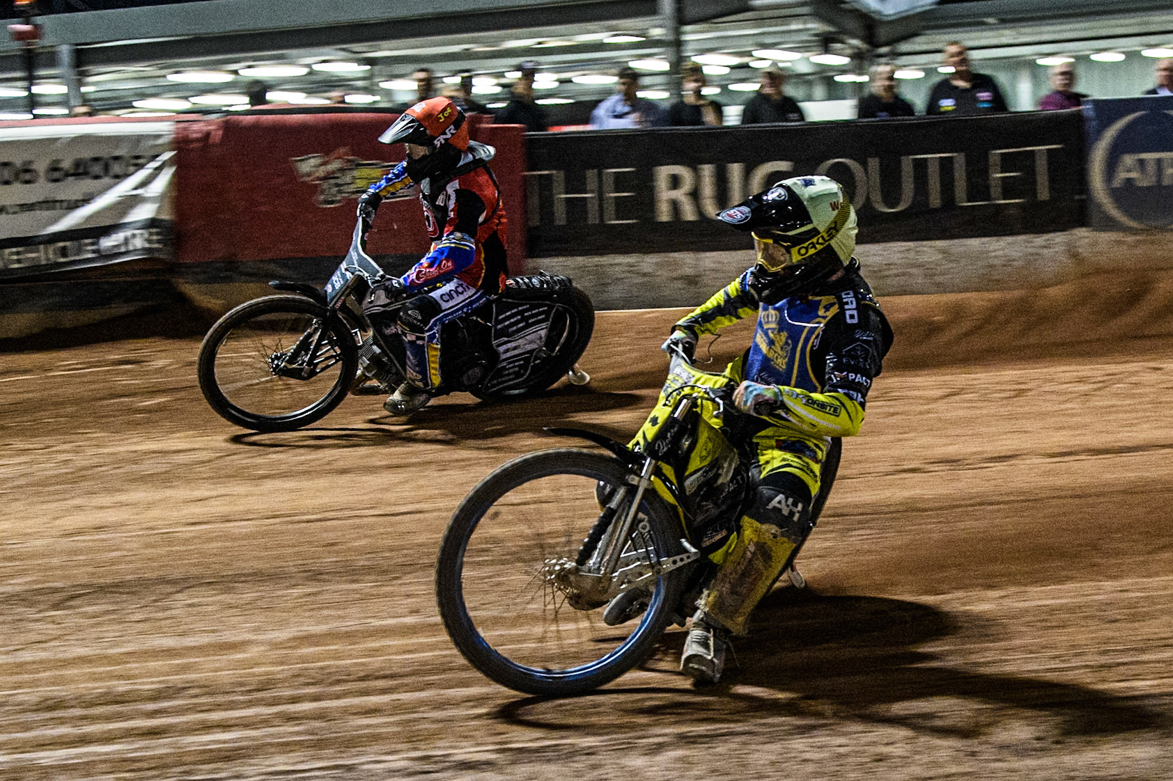 Edinburgh Monarchs' Dayle Wood in Yellow rides inside Belle Vue Colts' Guest Rider Joe Thompson in Red during the WSRA National Development League match between Belle Vue Aces and Edinburgh Monarchs at the National Speedway Stadium, Manchester on Friday 30th August 2024. (Photo: Ian Charles | MI News)