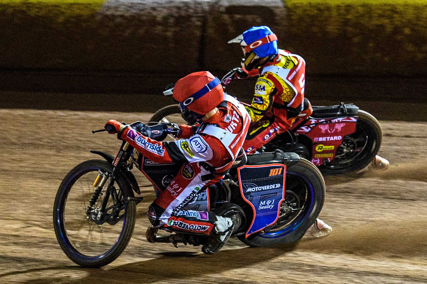 Australia's Brady Kurtz (Red) inside Australia's Max Fricke (Blue) during the Peter Craven Memorial Trophy meeting at the National Speedway Stadium, Manchester on Monday 18th March 2024. (Photo: Ian Charles | MI News)