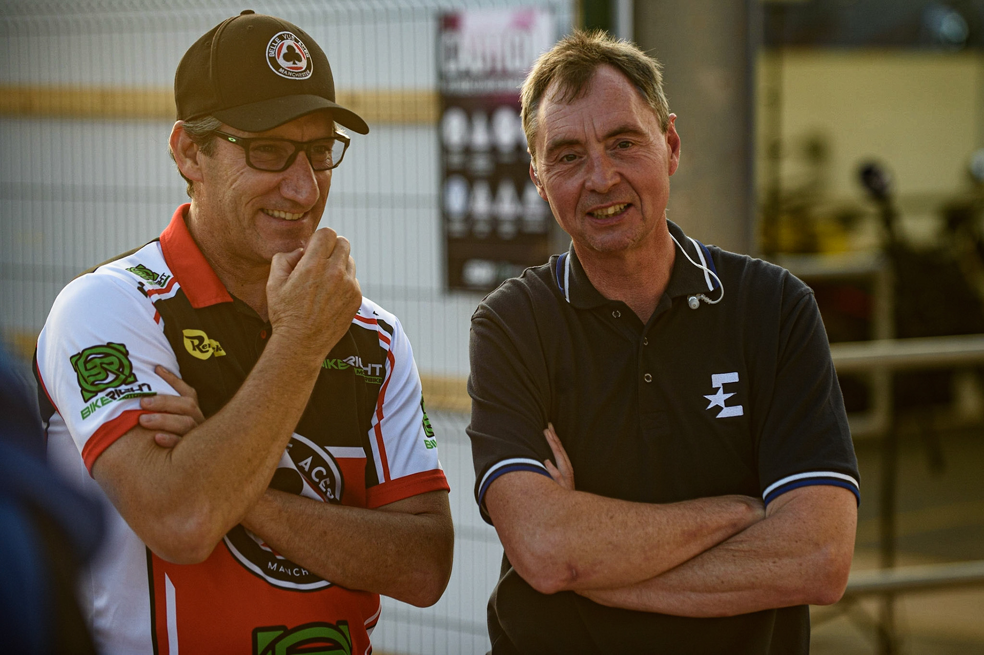 MANCHESTER, UK. SEPT 6TH  Belle Vue BikeRight Aces  manager Mark Lemon  (left) with Eurosport presenter Kelvin Tatum during the SGB Premiership match between Belle Vue Aces and Sheffield Tigers at the National Speedway Stadium, Manchester on Monday 6th September 2021. (Credit: Ian Charles | MI News)