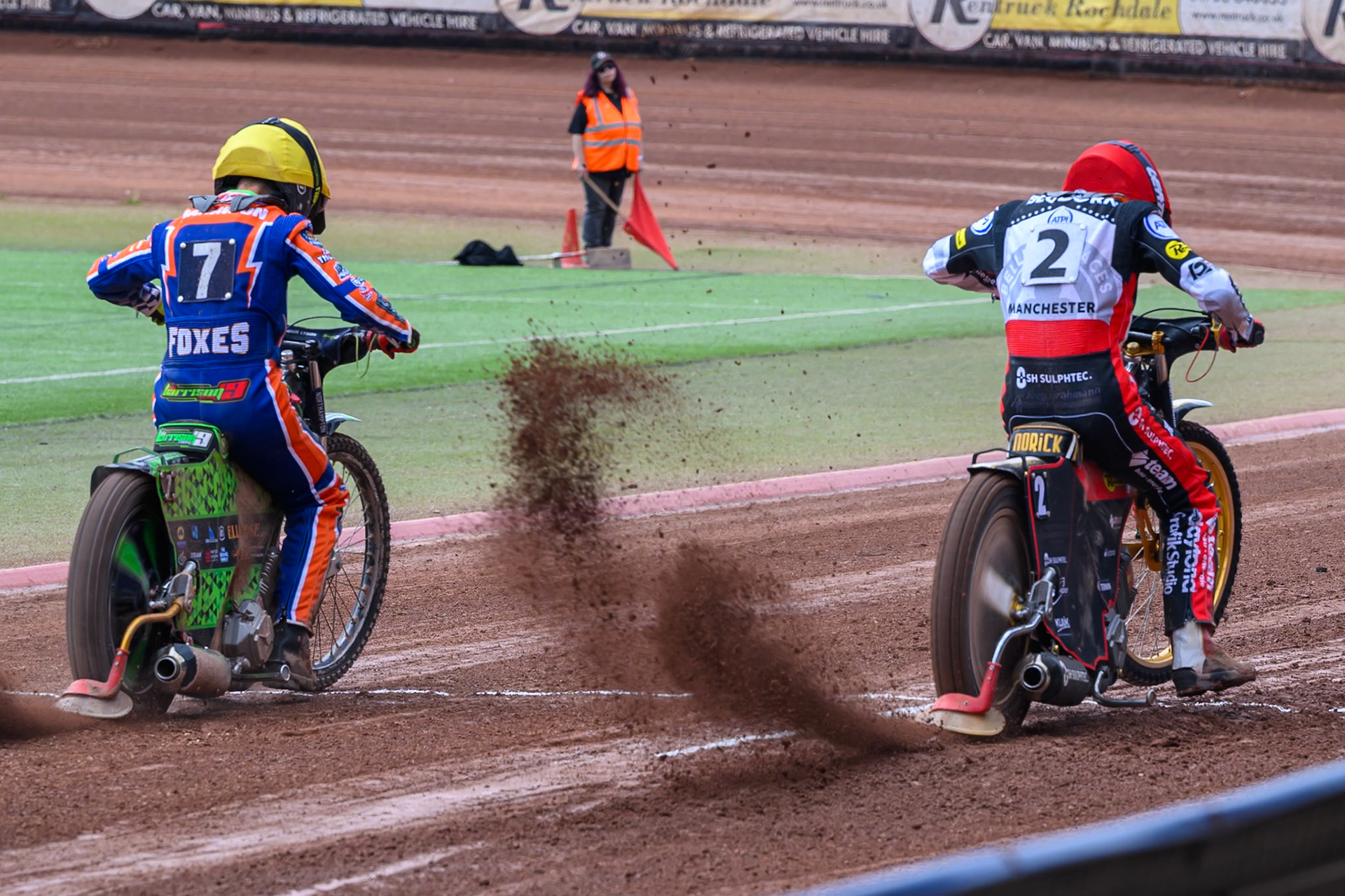 Luke Harrison of Northampton Foxes  in Yellow and Norick Blödorn of Belle Vue Aces  in Red leave the start during the Rowe Motor Oil Premiership match between Belle Vue Aces and Northampton Foxes at the National Speedway Stadium, Manchester on Monday 4th May 2026. (Photo: Ian Charles | MI News)