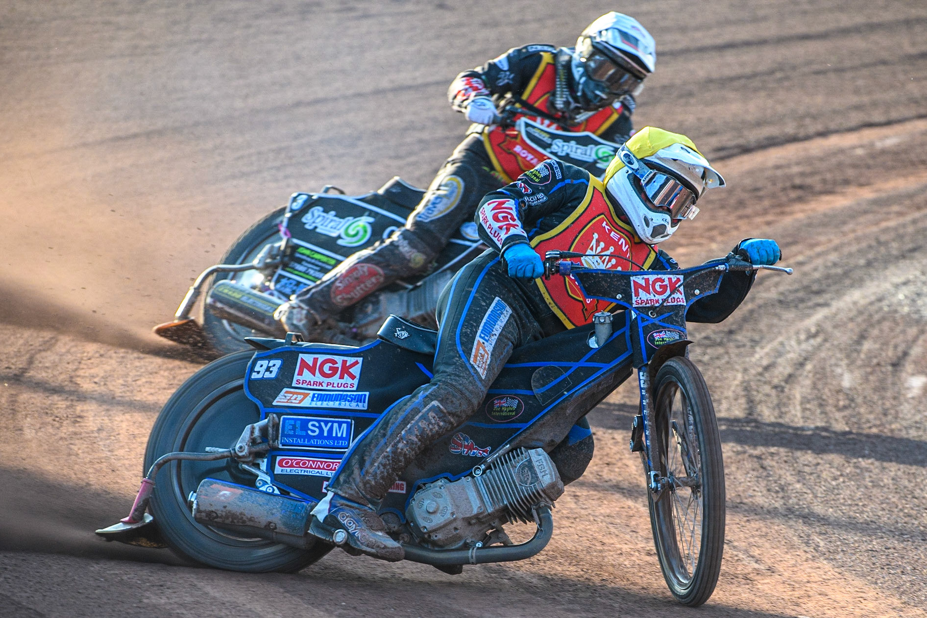 Tom Woolley (Yellow) leads team mate Connor King (White) during the National Development League match between Belle Vue Colts and Kent Royals at the National Speedway Stadium, Manchester on Friday 7th July 2023. (Photo: Ian Charles | MI News)