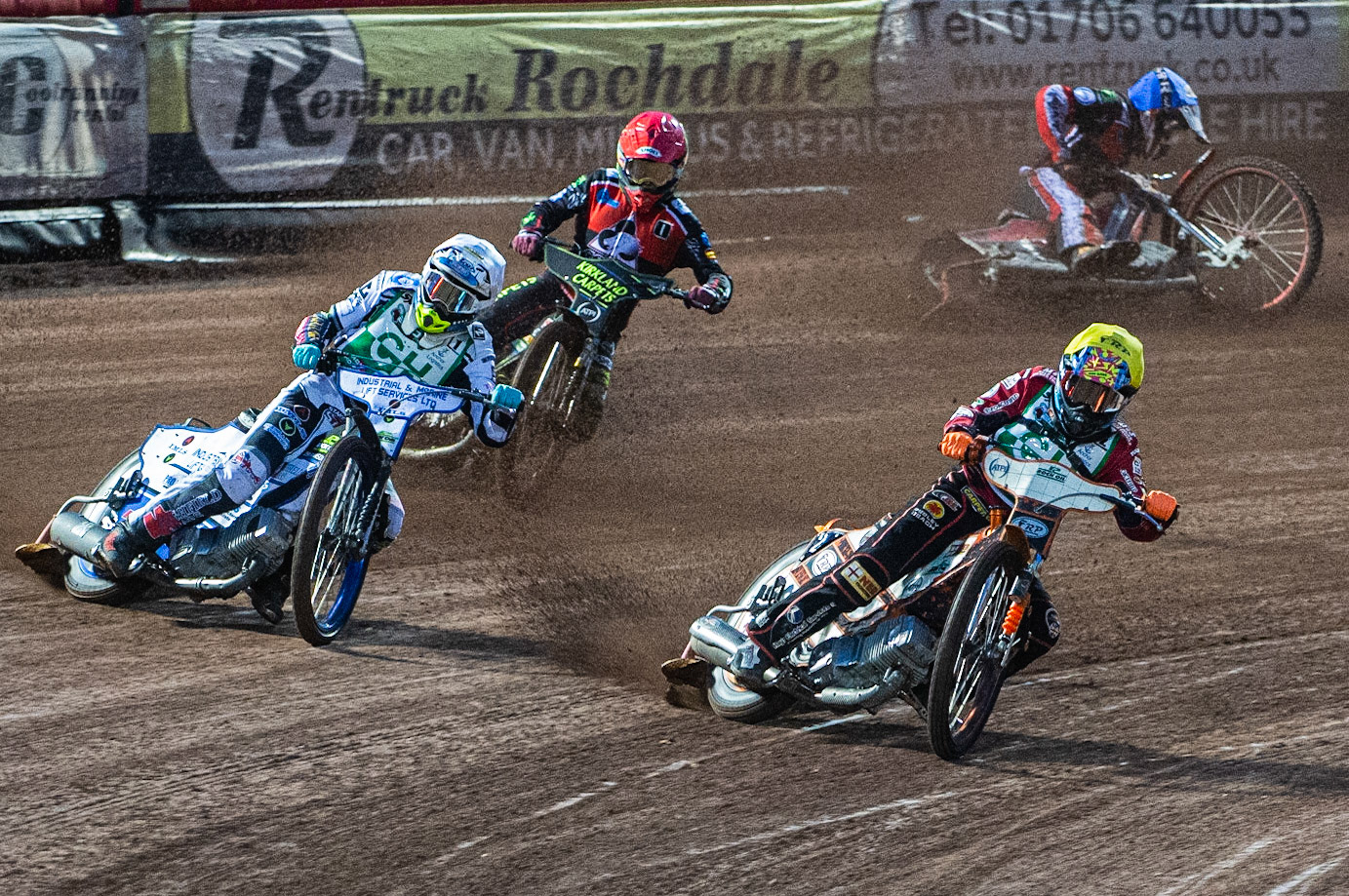 Photo: Ian Charles

Cradley Heathens  Max Clegg  (White) and Jack Smith   (Yellow) lead Kyle Bickley (Red) as Connor Bailey (Blue) spins off

Belle Vue Colts v Cradley Heathens, SGB National League KO Cup Semi Final 2nd Leg, Belle Vue National Speedway Stadium, Manchester, Wednesday 18  September  2019