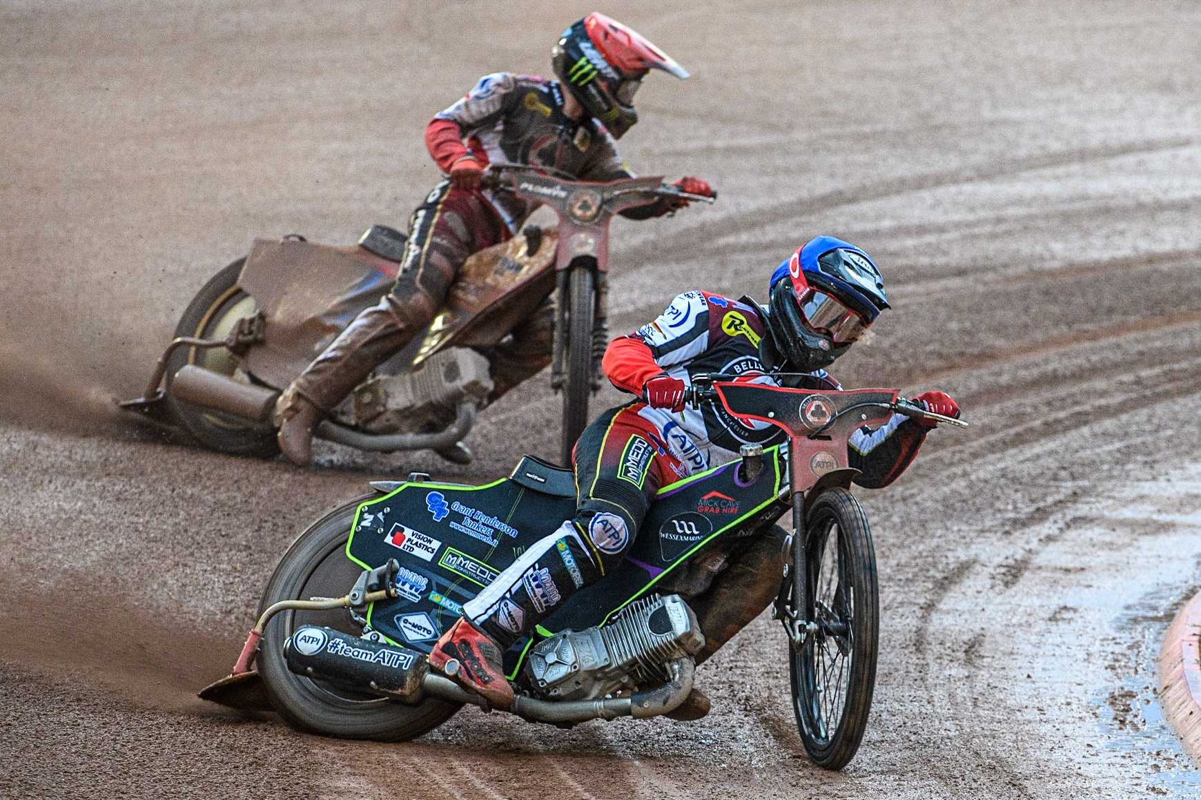 Tom Brennan (Blue) leads team mate Dan Bewley (Red) during the Sports Insure Premiership match between Belle Vue Aces and King's Lynn Stars at the National Speedway Stadium, Manchester on Monday 12th June 2023. (Photo: Ian Charles | MI News)