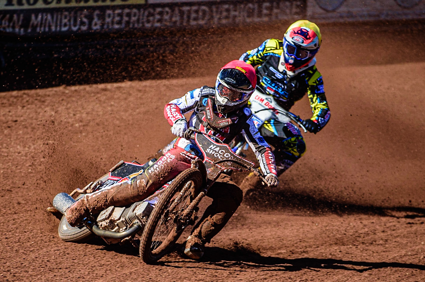 Sam Hagon  (Red) leads Danny Phillips  (Yellow) during the National Development League match between Belle Vue Colts and Berwick Bullets at the National Speedway Stadium, Manchester on Friday 7th April 2023. (Photo: Ian Charles | MI News)