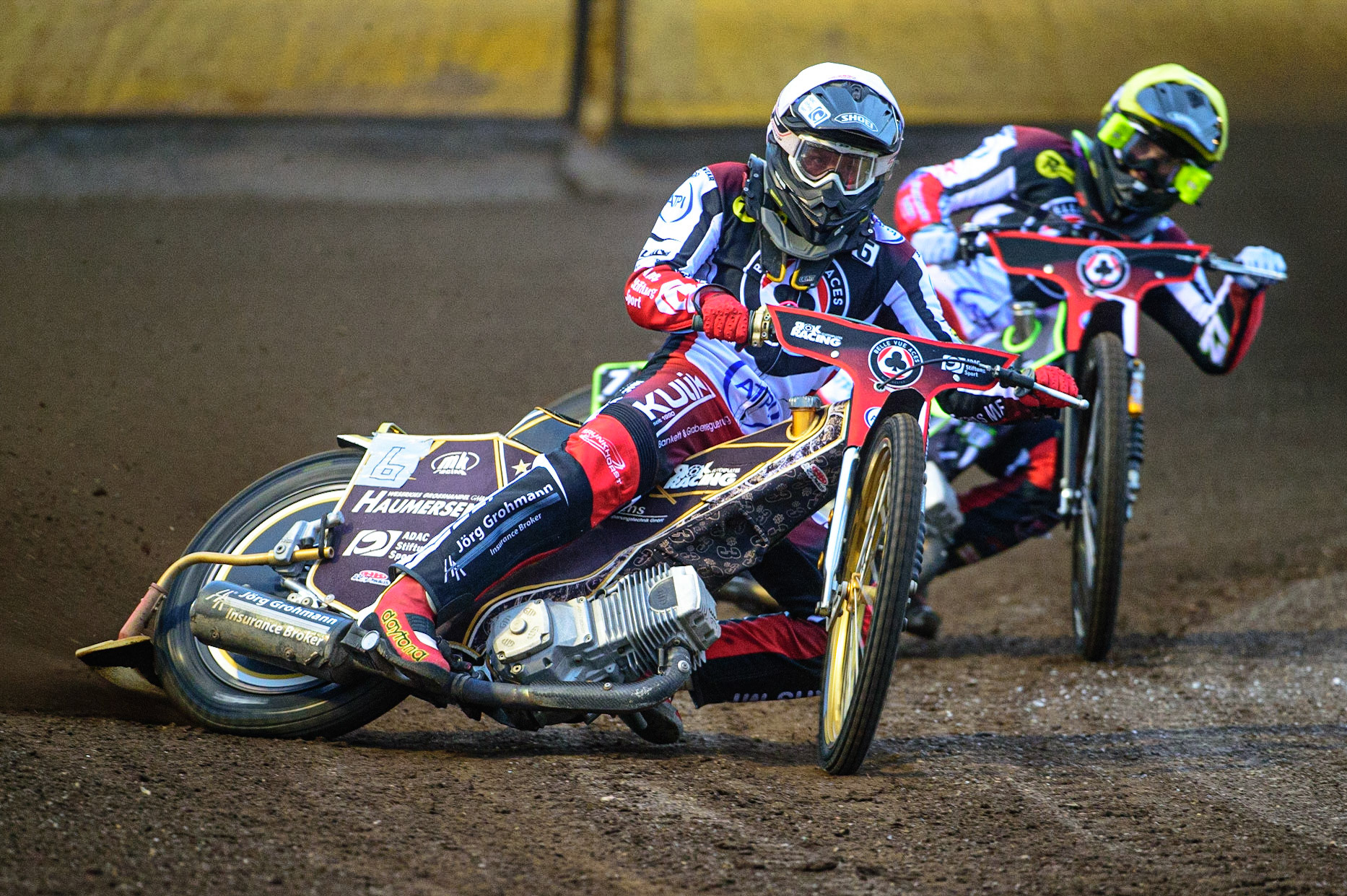 PETERBOROUGH, UK. MAY 9TH  Norick Blödorn (White) and Tom Brennan (Yellow) take maximum points for The Aces during the SGB Premiership match between Peterborough Panthers and Belle Vue Aces at East of England Showground, Peterborough on Monday 9th May 2022. (Credit: Ian Charles | MI News)