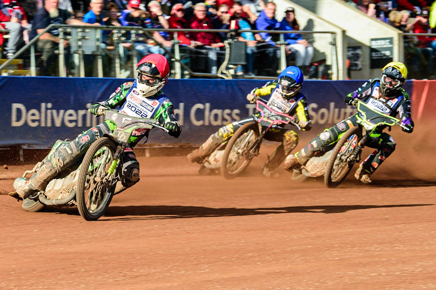 Charles Wright  (Red) leads Tom Brennan  (Yellow) and Leon Flint  (Blue) during the Sports Insure British Speedway Final, at the National Speedway Stadium, Manchester, on Sunday 18th September 2022. (Credit: Ian Charles | MI News )