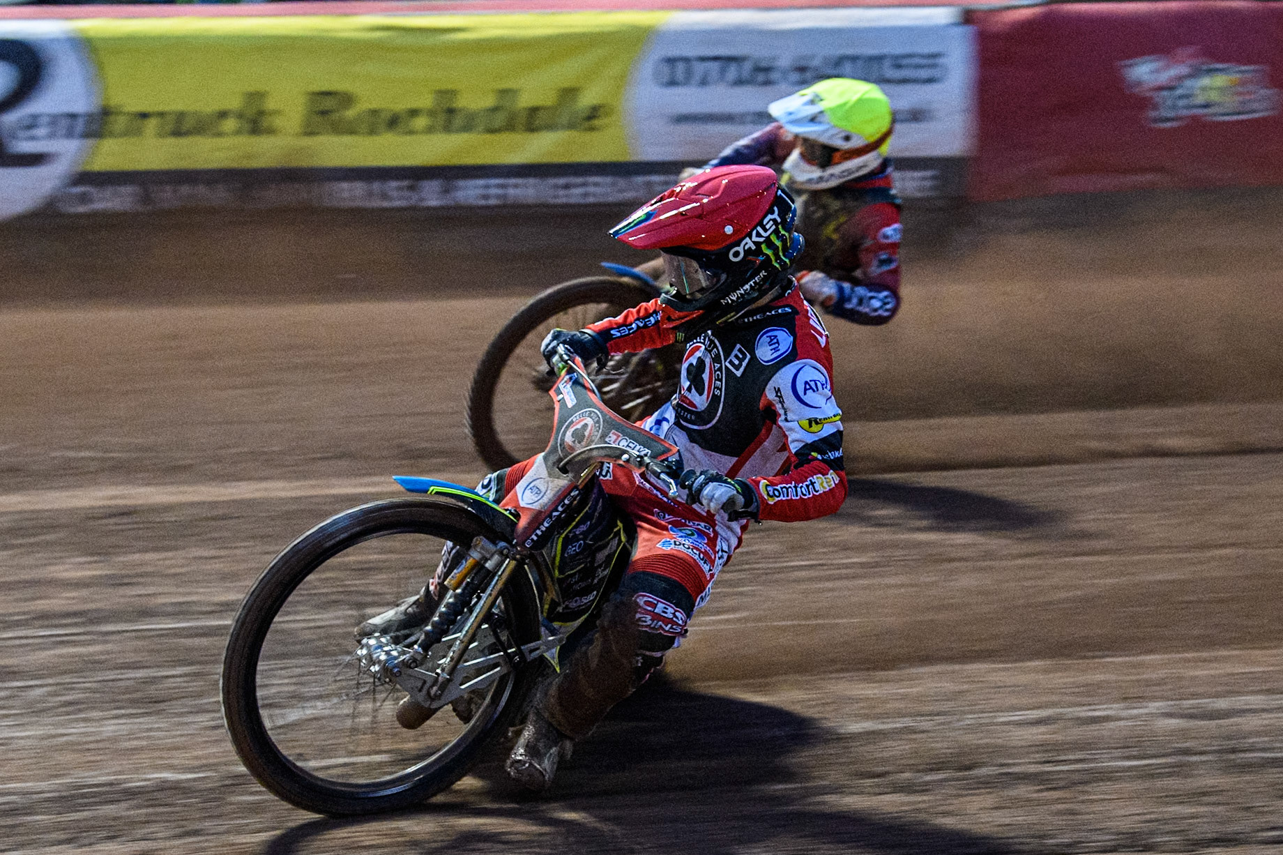 Belle Vue Aces' Jaimon Lidsey in Red rides inside Ipswich Witches' Emil Sayfutdinov in Yellow during the Rowe Motor Oil Premiership match between Belle Vue Aces and Ipswich Witches at the National Speedway Stadium, Manchester on Monday 22nd April 2024. (Photo: Ian Charles | MI News)