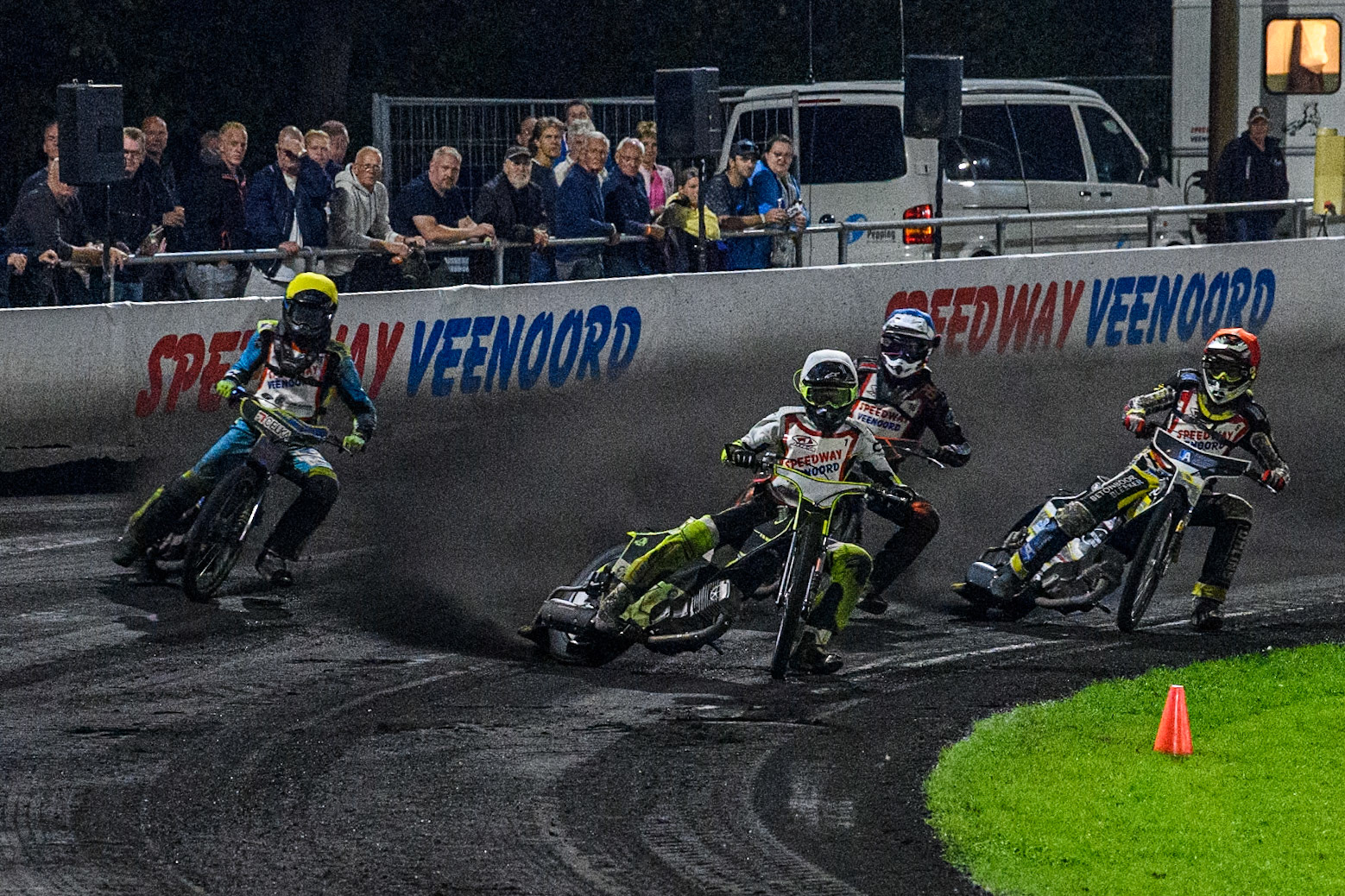 Lars Skupien of Poland in White leading Mika Meijer of The Netherlands in Red, Henry van der Steen of The Netherlands in Blue and Jakub Oleksiak of Poland in Yellow during the Golden JOPA Helmet at Sportpark Veenoord, Veenoord, Netherlands on Saturday 21st September 2024. (Photo: Ian Charles | MI News)