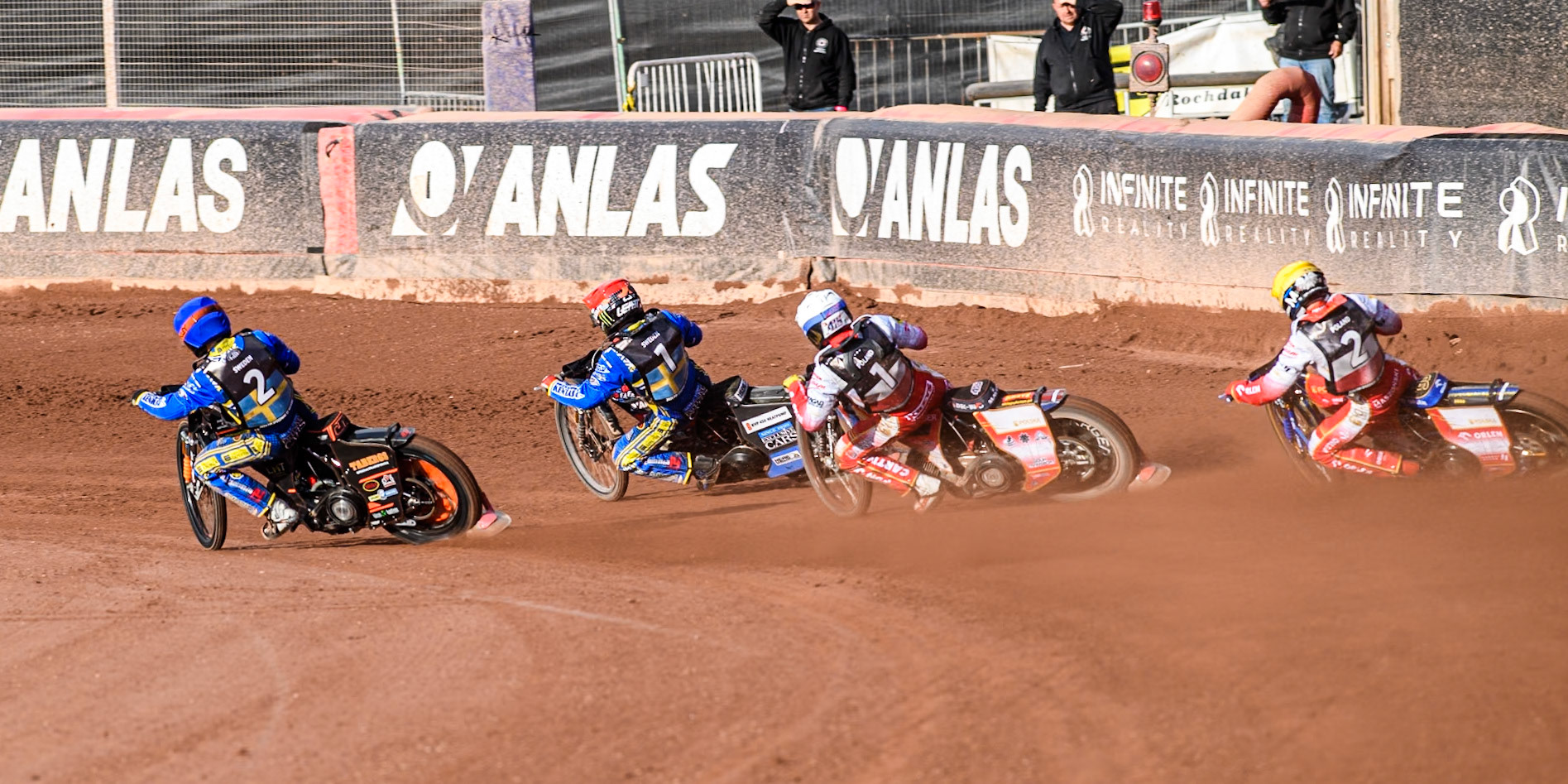 Bartosz Zmarzlik of Poland in Yellow chases Dominik Kubera of Poland in White, Fredrik Lindgren of Sweden in Red and Jacob Thorssell of Sweden in Blue during the Monster Energy FIM Speedway of Nation Final at the National Speedway Stadium, Manchester on Saturday 13th July 2024. (Photo: Ian Charles | MI News)