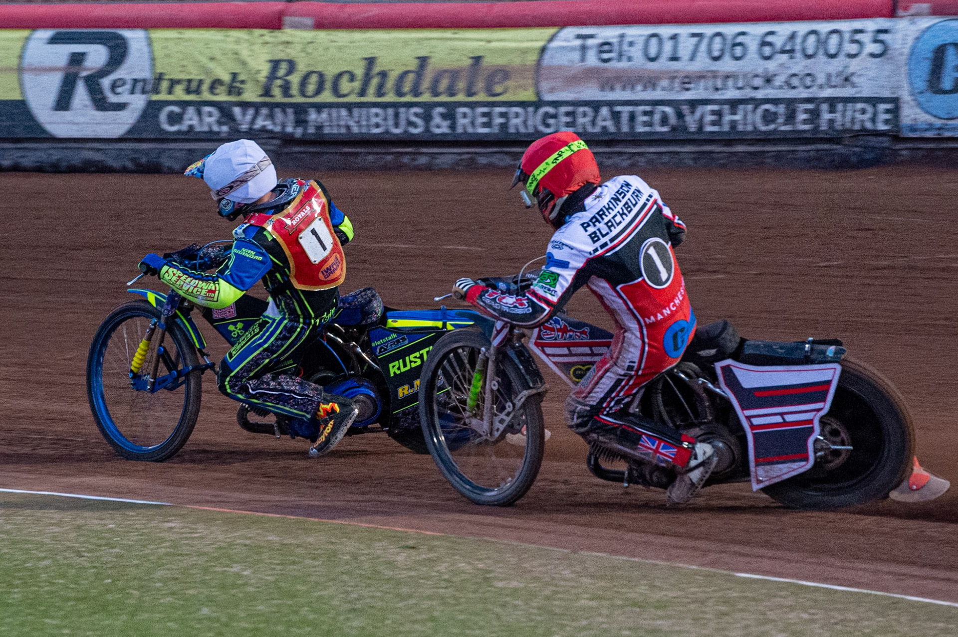 MANCHESTER, UK. JULY 2ND  Jack Parkinson-Blackburn  (Red) chases Ryan Kinsley  (White)during the National Development League match between Belle Vue Colts and Kent Royals at the National Speedway Stadium, Manchester on Friday 2nd July 2021. (Credit: Ian Charles | MI News)