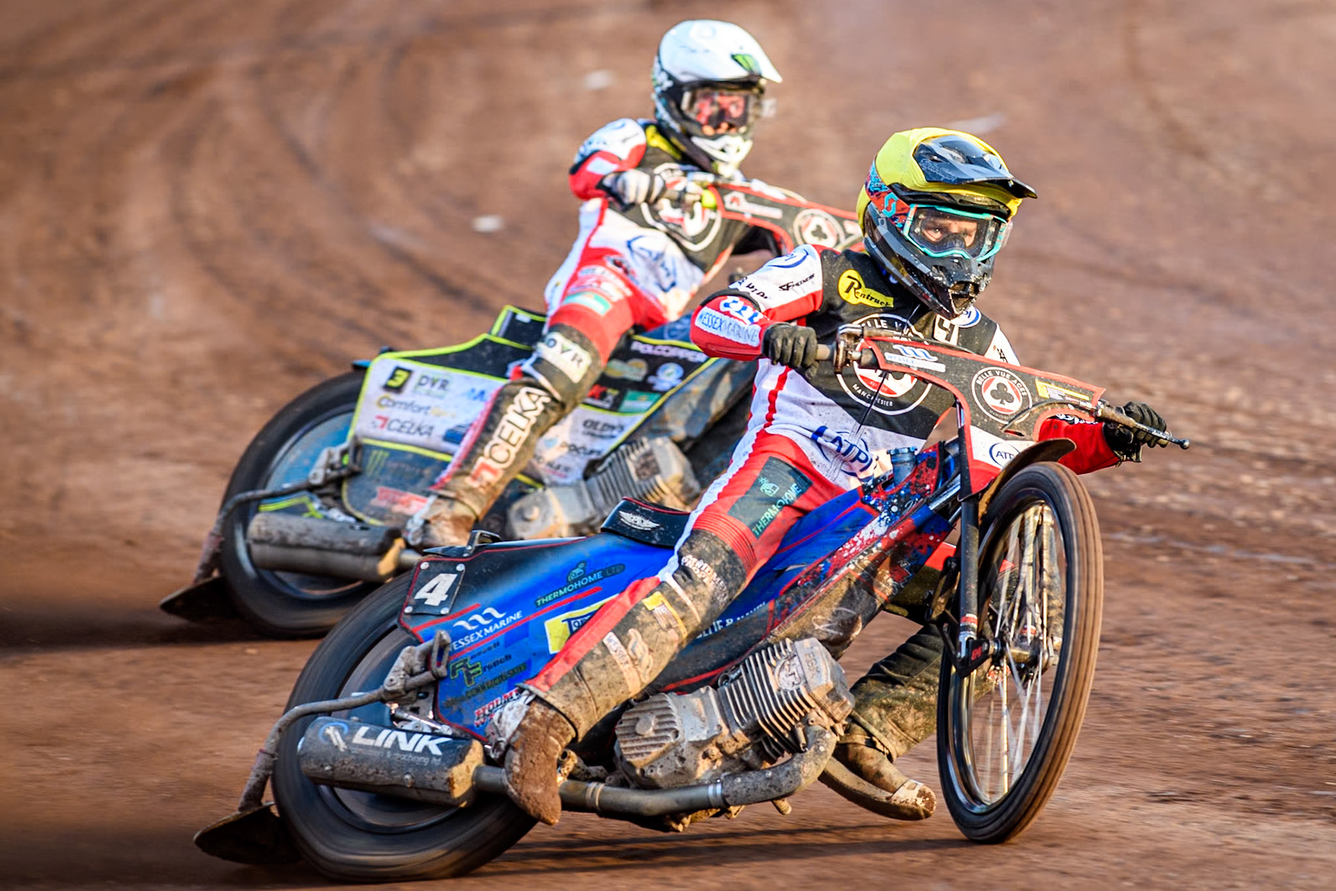 Belle Vue Aces' Ben Cook in Yellow leading team mate Belle Vue Aces' Jaimon Lidsey  in White during the Premiership KO Cup Quarter Final, 2nd Leg match between Sheffield Tigers and Belle Vue Aces at Owlerton Stadium, Sheffield on Thursday 9th May 2024. (Photo: Ian Charles | MI News)