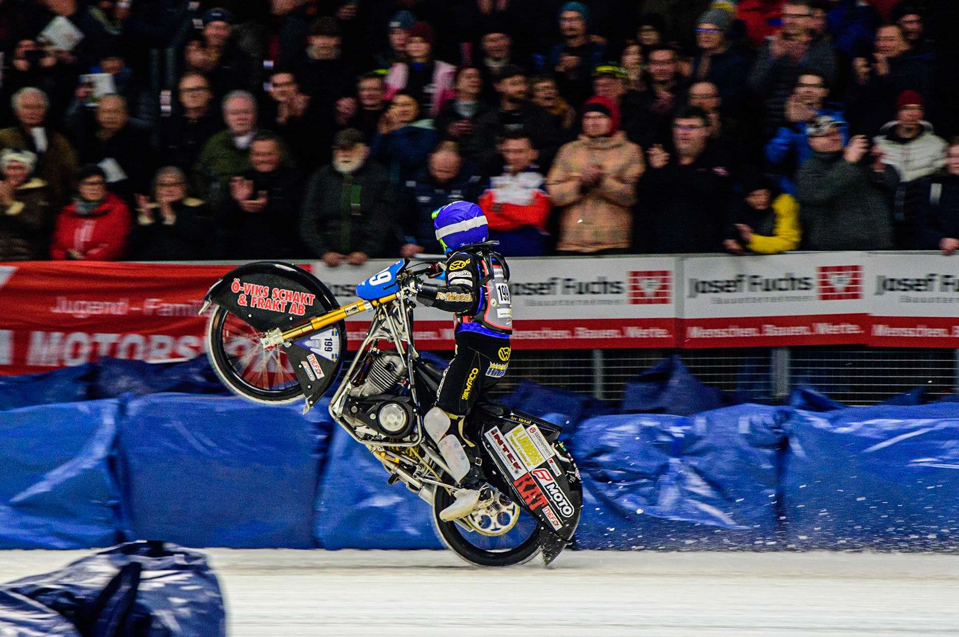 Martin Haarahiltunen (199) does a celebration wheelie during the Ice Speedway Gladiators World Championship Final 2 at Max-Aicher-Arena, Inzell, Germany on Sunday 19th March 2023. (Photo: Ian Charles | MI News)