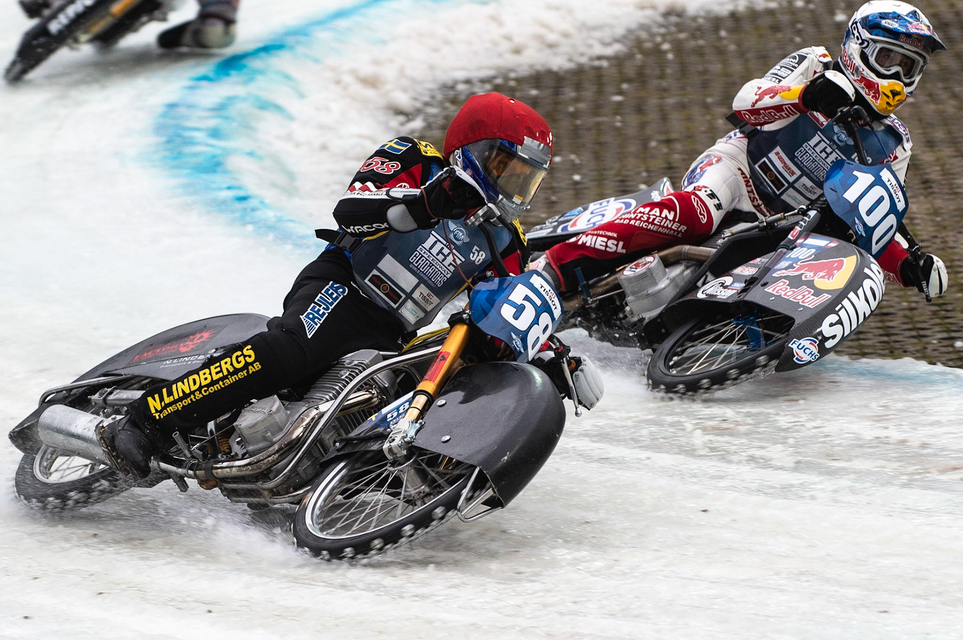Photo: Ian Charles

Franky Zorn (100) inside Stefan Svensson (58)

FIM Ice Speedway Gladiators World Championship, Final 3.2, Horst-Dohm Eisstadion, Berlin, Germany Sunday  3  March  2019