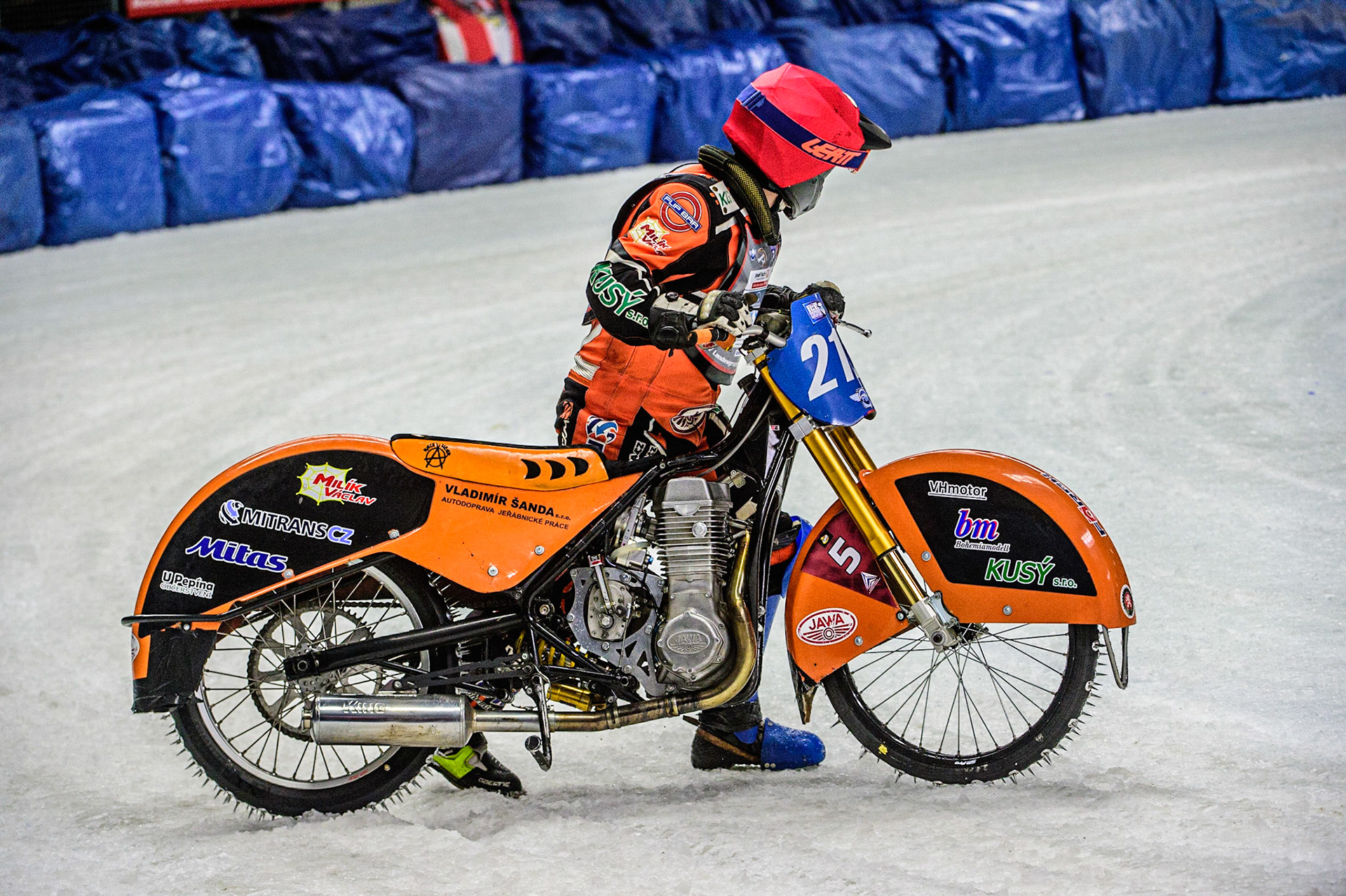 Lukas Hutla (212) walks his bike off the track after his fall during the Ice Speedway Gladiators World Championship Final 1 at Max-Aicher-Arena, Inzell, Germany on Saturday 18th March 2023. (Photo: Ian Charles | MI News)