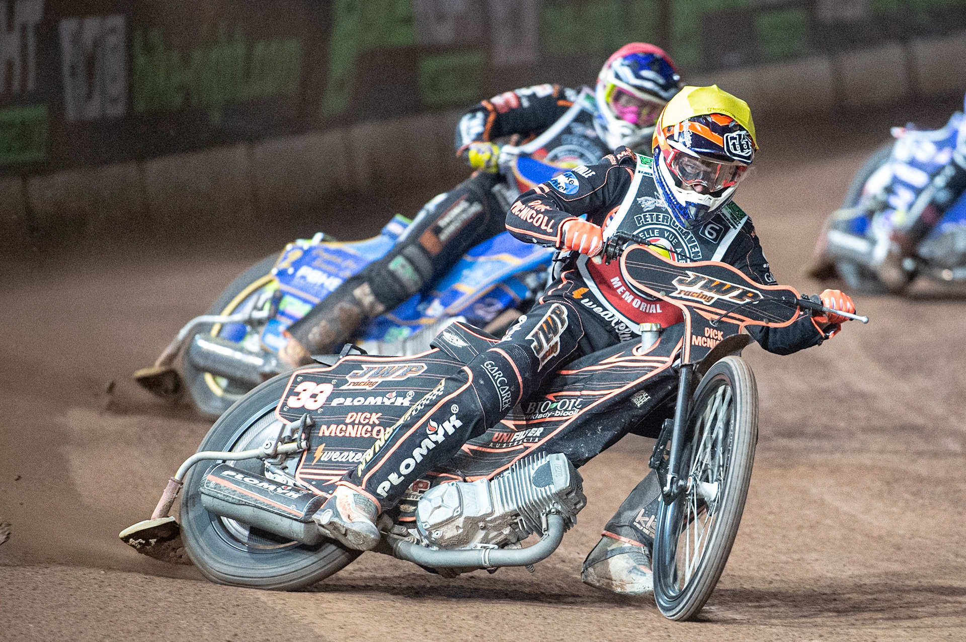 Photo: Ian CharlesSam Masters (Yellow) leads Kyle Howarth (Red)Peter Craven Memorial Trophy, National Speedway Stadium, Manchester Thursday  22  October  2020