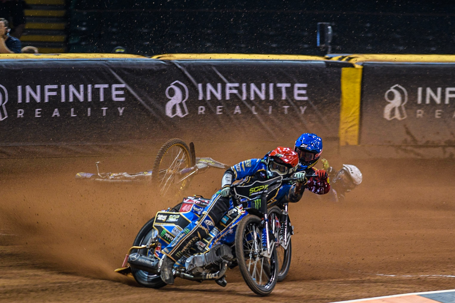 Jack Holder (25) (Red) inside Kim Nilsson (233) (Yellow) with Max Fricke (46) (Blue) behind as Jason Doyle (69) falls at the back during the FIM Speedway Grand Prix of Great Britain at the Principality Stadium, Cardiff on Saturday 2nd September 2023. (Photo: Ian Charles | MI News)