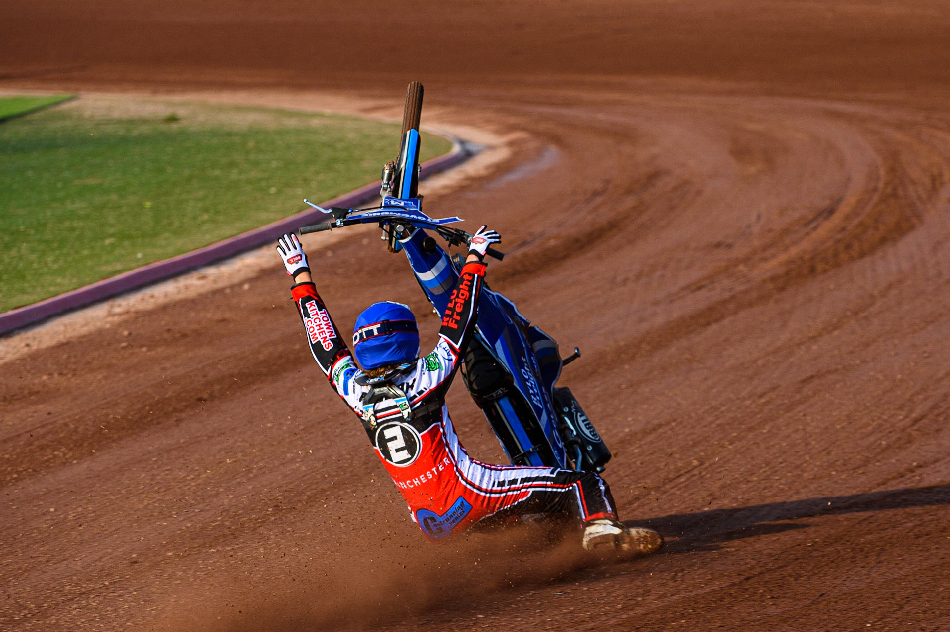 MANCHESTER, UK. JULY 23RD Harry McGurk  \loses control of his machine on the back straight during the National Development League match between Belle Vue Colts and Eastbourne Seagulls at the National Speedway Stadium, Manchester on Friday 23rd July 2021. (Credit: Ian Charles | MI News)