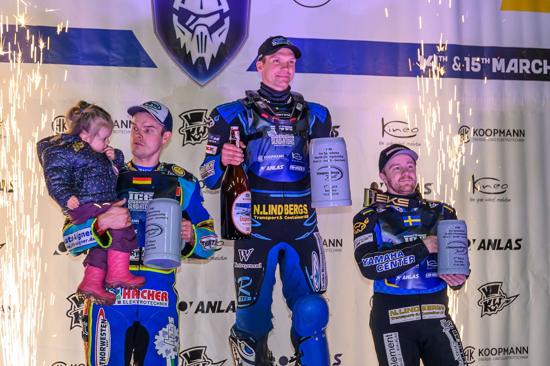 Sunday Top 3: (L to R) Luca Bauer (85) of Italy/Germany (2nd), Niclas Svensson (192) of Sweden (Winner) Martin Haarahiltunen (199) of Sweden  (Third) during the Ice Speedway Gladiators World Championship Final 2 at Max-Aicher-Arena, Inzell on Sunday 15th March 2026. (Photo: Ian Charles | MI News)