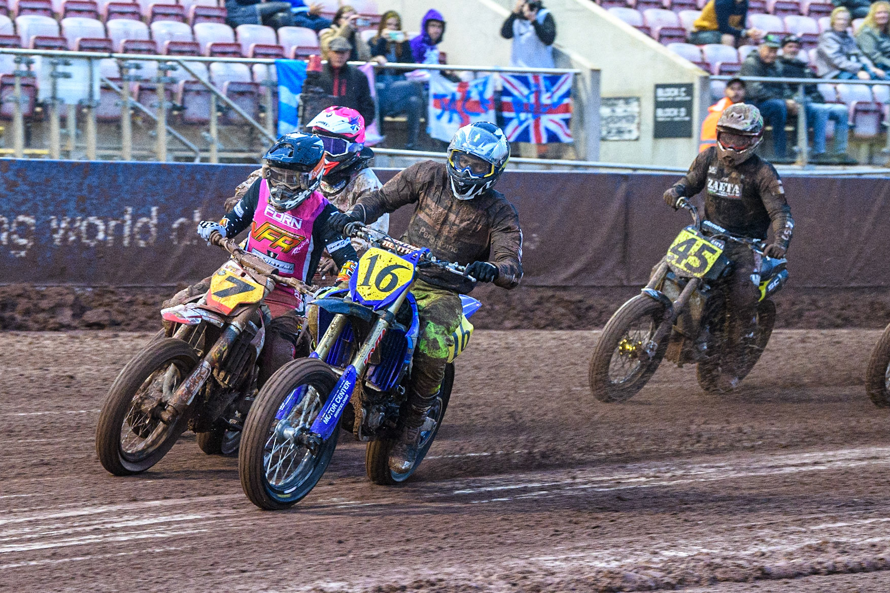 Santagio Arangio (16) from Argentina inside Daniele Moschini (7) from Italy during the FIM World Flat Track Championship Round 1 at the National Speedway Stadium, Manchester on Saturday 5th August 2023. (Photo: Ian Charles | MI News)