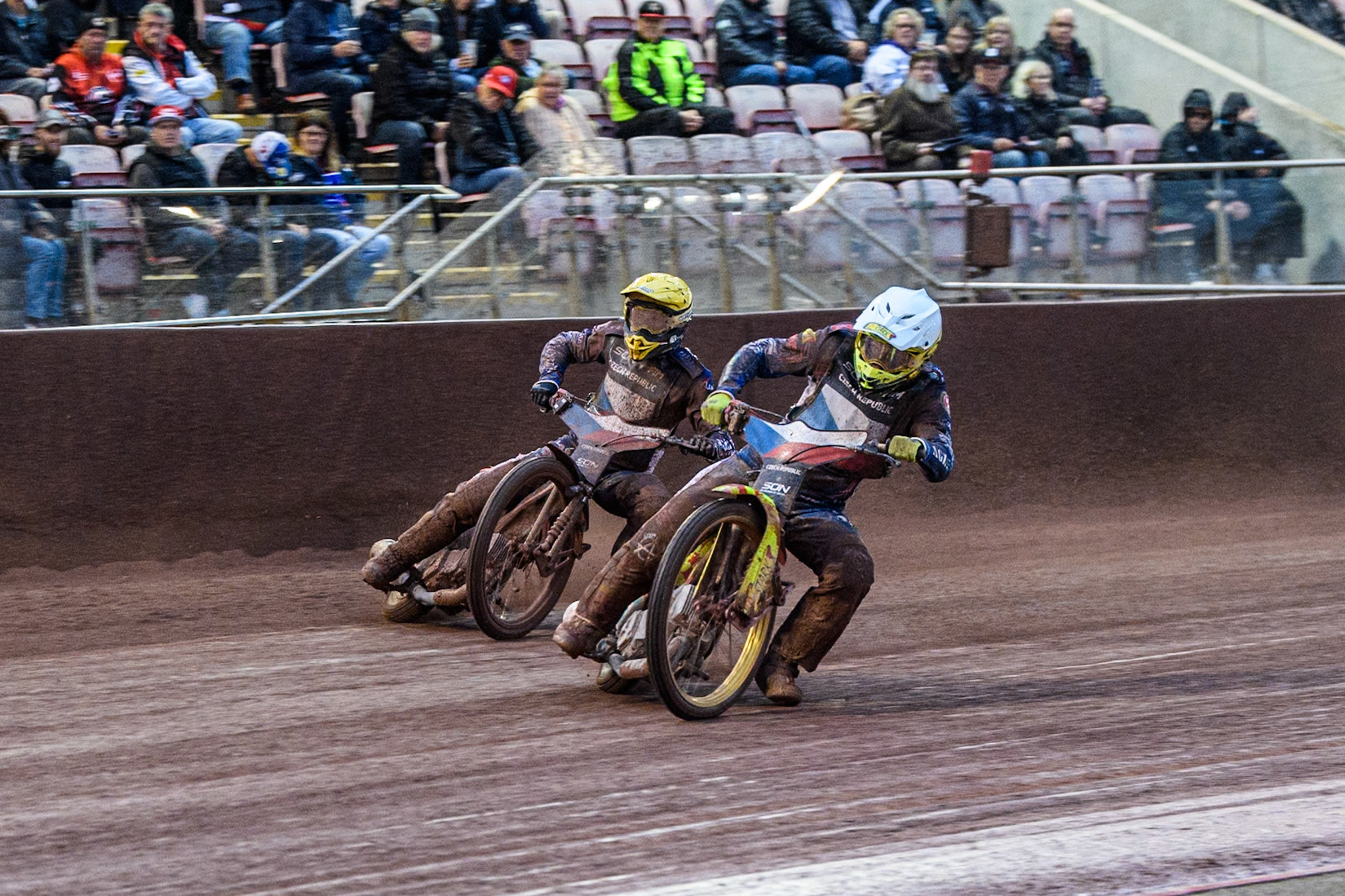 Vaclav Milik of The Czech Republic in White leading Jan Kvech of The Czech Republic in Yellow during the Monster Energy FIM Speedway of Nation Semi Final 2 at the National Speedway Stadium, Manchester on Wednesday 10th July 2024. (Photo: Ian Charles | MI News)