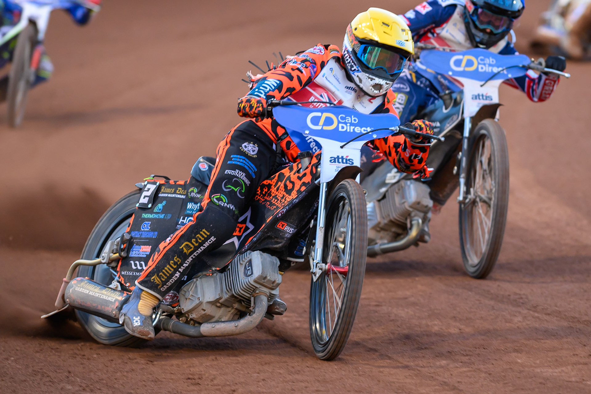 Cooper Rushen (2) in Yellow leading Adam Ellis (5) in Blue during the Cab Direct British Speedway Championship Final at the National Speedway Stadium, Manchester on Saturday 15th August 2026. (Photo: Ian Charles | MI News)