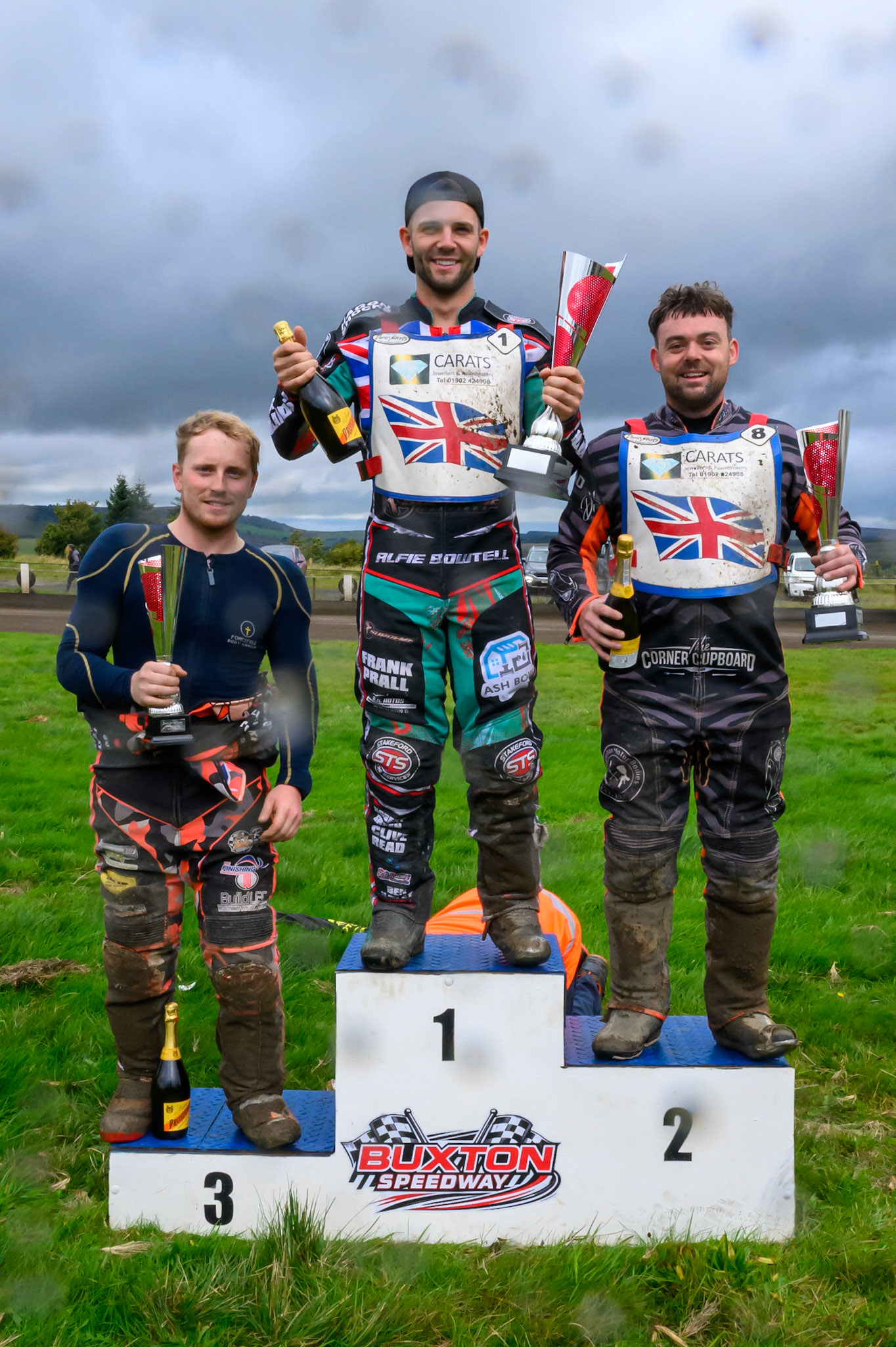 Top 3: (L to R)  Alex Spooner (3rd), Alfie Bowtell Winner) and Jack Roberts (2nd) during the Derbyshire Open at Hi-Edge Speedway, Buxton on Sunday 27th September 2026. (Photo: Ian Charles | MI News)