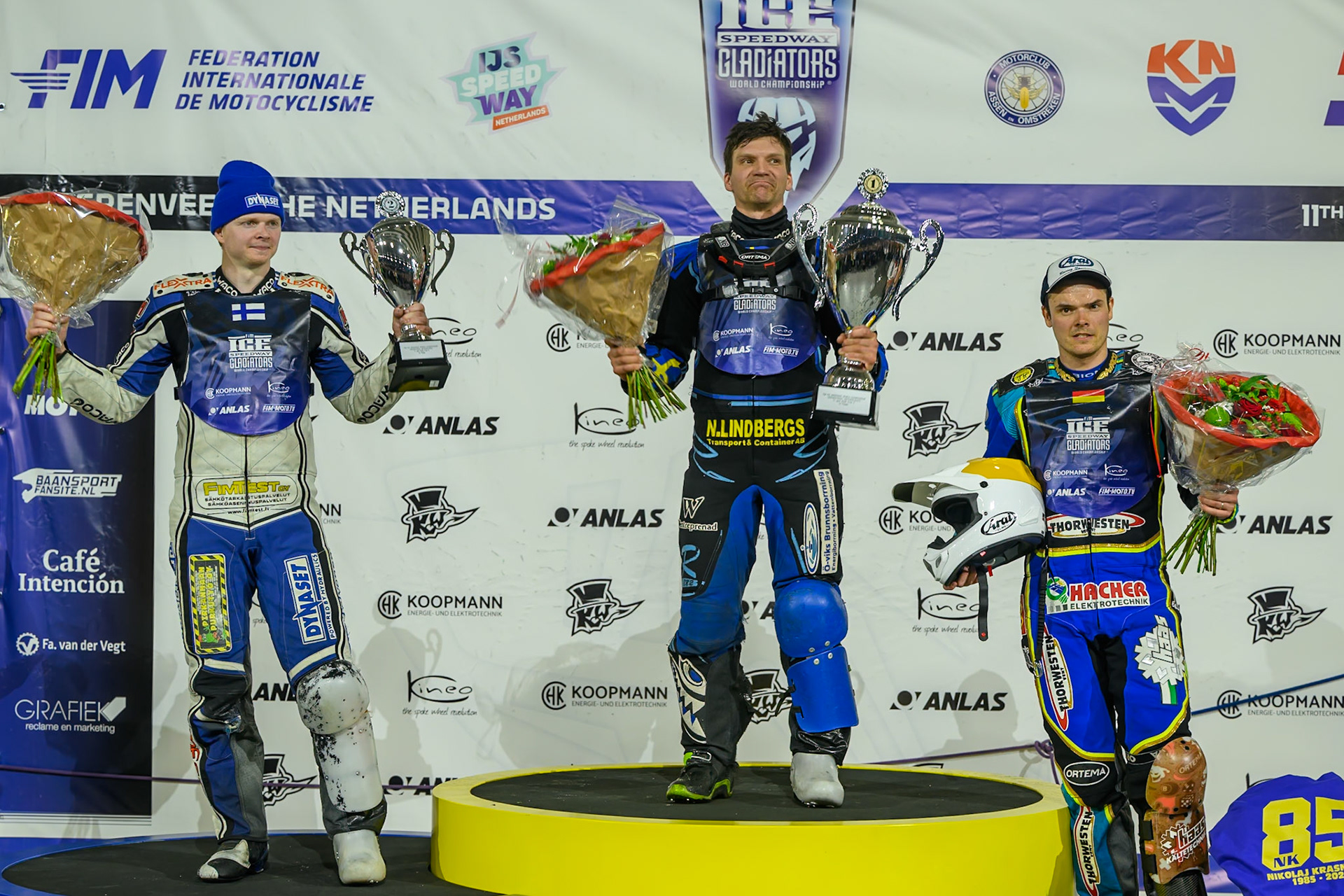 Meeting top 3: (L to R) Max Koivula (24) of Finland  (2nd), Niclas Svensson (192) of Sweden  (Winner), Luca Bauer (85) of Italy/Germany (3rd0 during the FIM Ice Speedway Gladiators World Championship Final 3 at Ice Rink Thialf, Heerenveen on Saturday 11th April 2026. (Photo: Ian Charles | MI News)