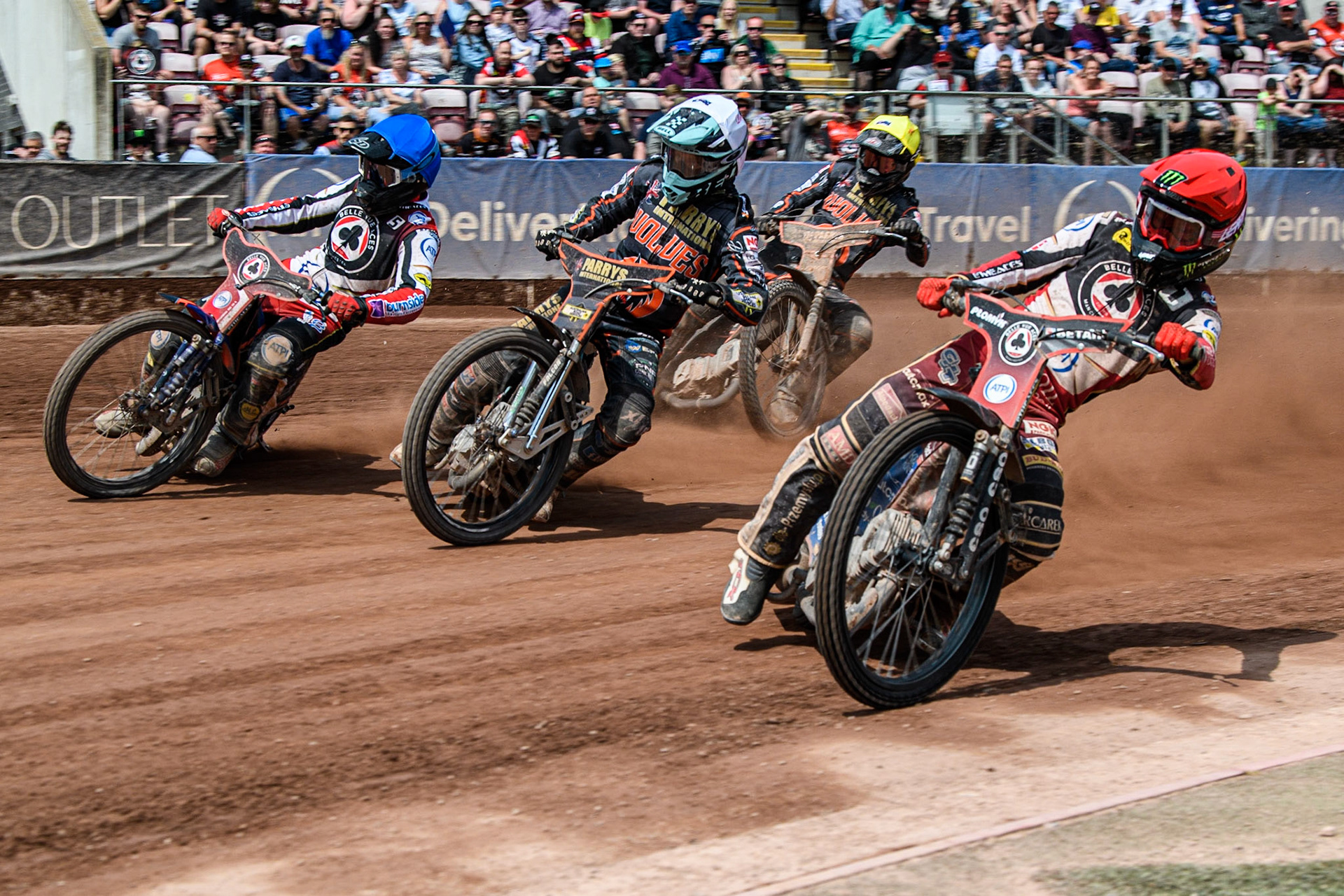 Dan Bewley (Red) inside Ryan Douglas (White) Brady Kurtz (Blue) with Sam Masters (Yellow) behind during the Sports Insure Premiership match between Belle Vue Aces and Wolverhampton Wolves at the National Speedway Stadium, Manchester on Monday 29th May 2023. (Photo: Ian Charles | MI News)