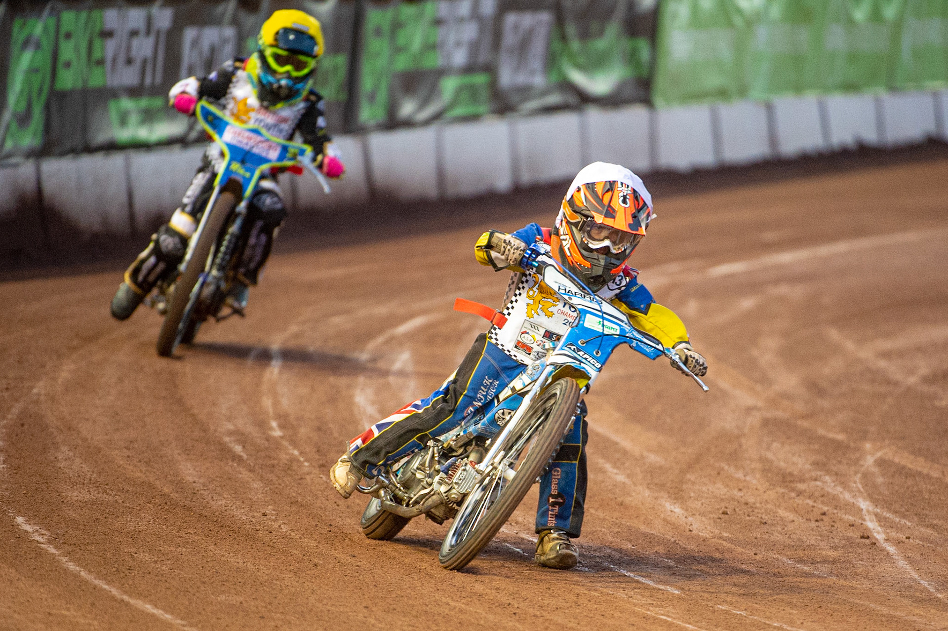 Photo: Ian CharlesHarry Fletcher (White) leads Rico Joyce (Yellow) (125cc B Class)British Youth Speedway Championship (Round 5), National Speedway Stadium, Manchester Saturday  10  October  2020