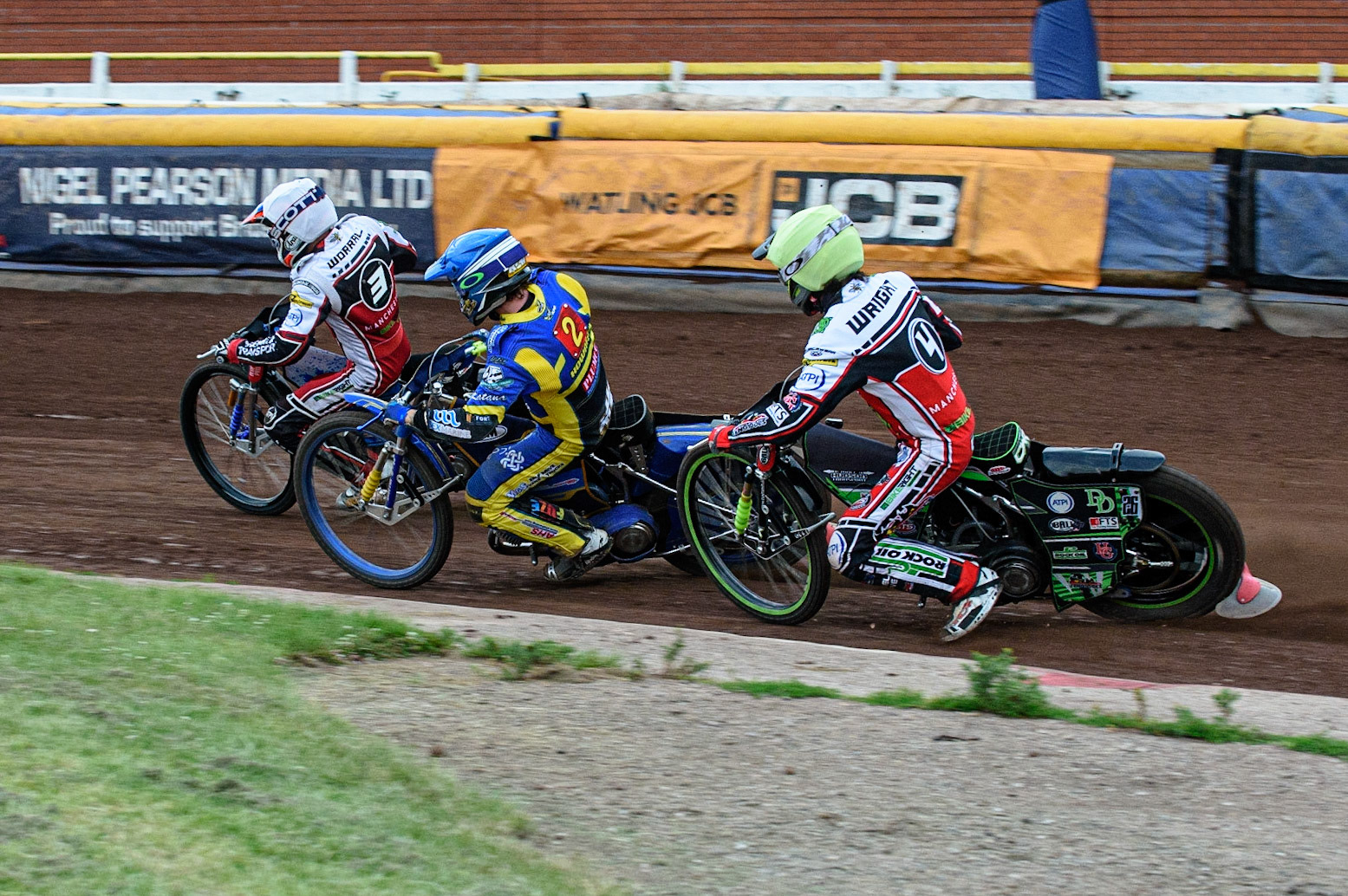 SHEFFIELD, UK. JULY 1ST     Steve Worrall  (White) leads Kyle Howarth  (Blue) and Charles Wright  (Yellow) during the SGB Premiership match between Sheffield Tigers and Belle Vue Aces at Owlerton Stadium, Sheffield on Thursday 1st July 2021. (Credit: Ian Charles | MI News)