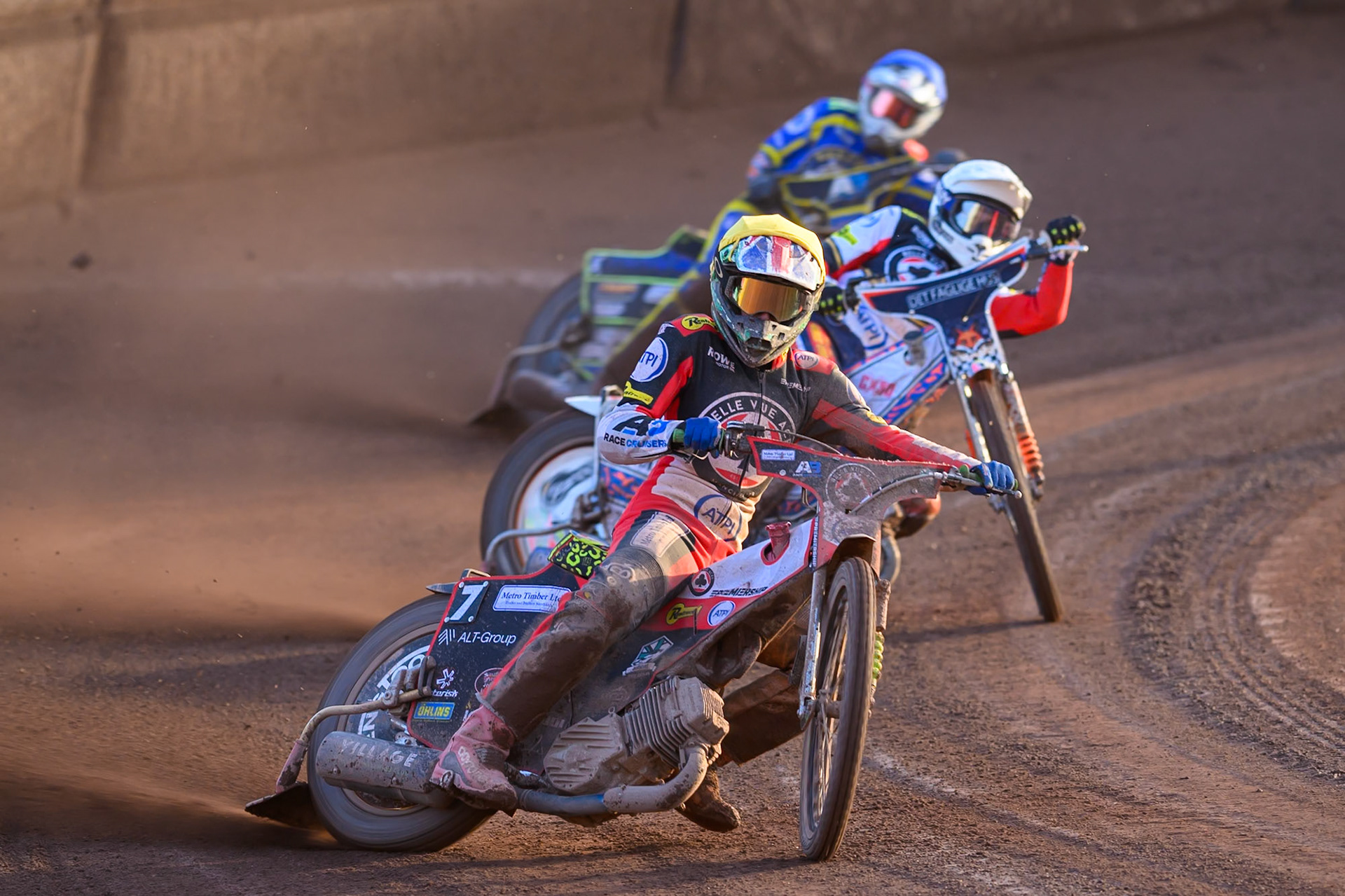 Will Cairns of Belle Vue Aces in Yellow leading Niels-Kristian Iversen, Guest Rider for Belle Vue Aces in White and Jye Etheridge of Sheffield Tigers in Blue during the Rowe Motor Oil Premiership match between Sheffield Tigers and Belle Vue Aces at Owlerton Stadium, Sheffield on Monday 25th May 2026. (Photo: Ian Charles | MI News)