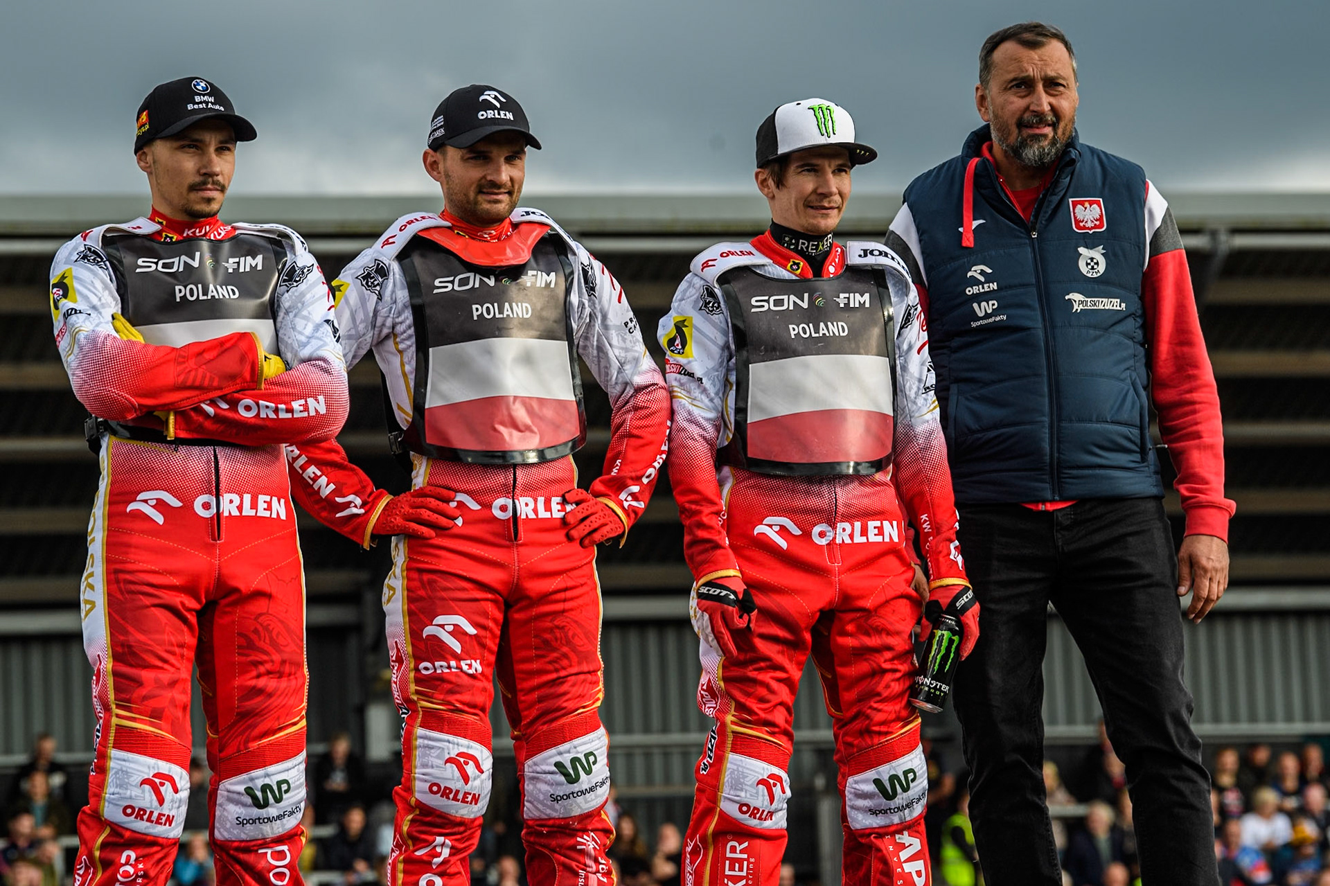 POLAND (L to R) Dominik Kubera, Bartosz Zmarzlik, Patryk Dudek and Polish Team manager, Rafal Dobrucki during the Monster Energy FIM Speedway of Nation Final at the National Speedway Stadium, Manchester on Saturday 13th July 2024. (Photo: Ian Charles | MI News)