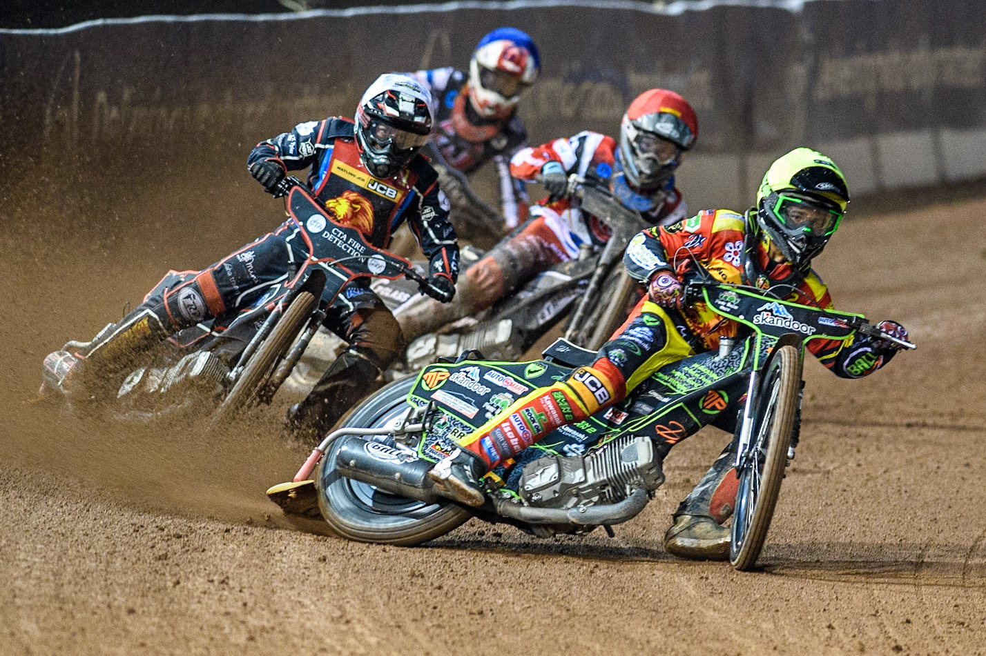 Max Perry (Yellow) and Ben Morley (White) lead Sam McGurk (Red) and Freddy Hodder (Blue) during the National Development League match between Belle Vue Colts and Leicester Lion Cubs at the National Speedway Stadium, Manchester on Friday 8th September 2023. (Photo: Ian Charles | MI News)