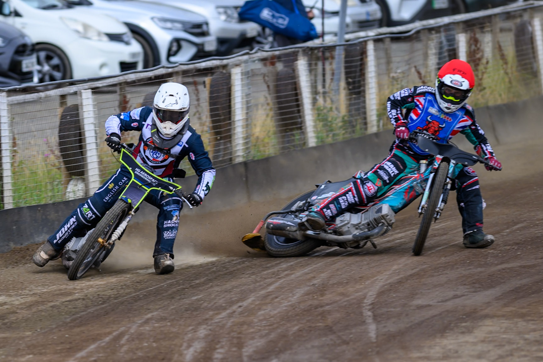 Nathan Ablitt of Middlesborough Tigers in White rides outside Alfie Bowtell of Buxton Bulls in Red during the WSRA National Development League match  between Buxton Bulls and Middlesborough Tigers at Hi-Edge Speedway, Buxton on Sunday 16th August 2026. (Photo: Ian Charles | MI News)