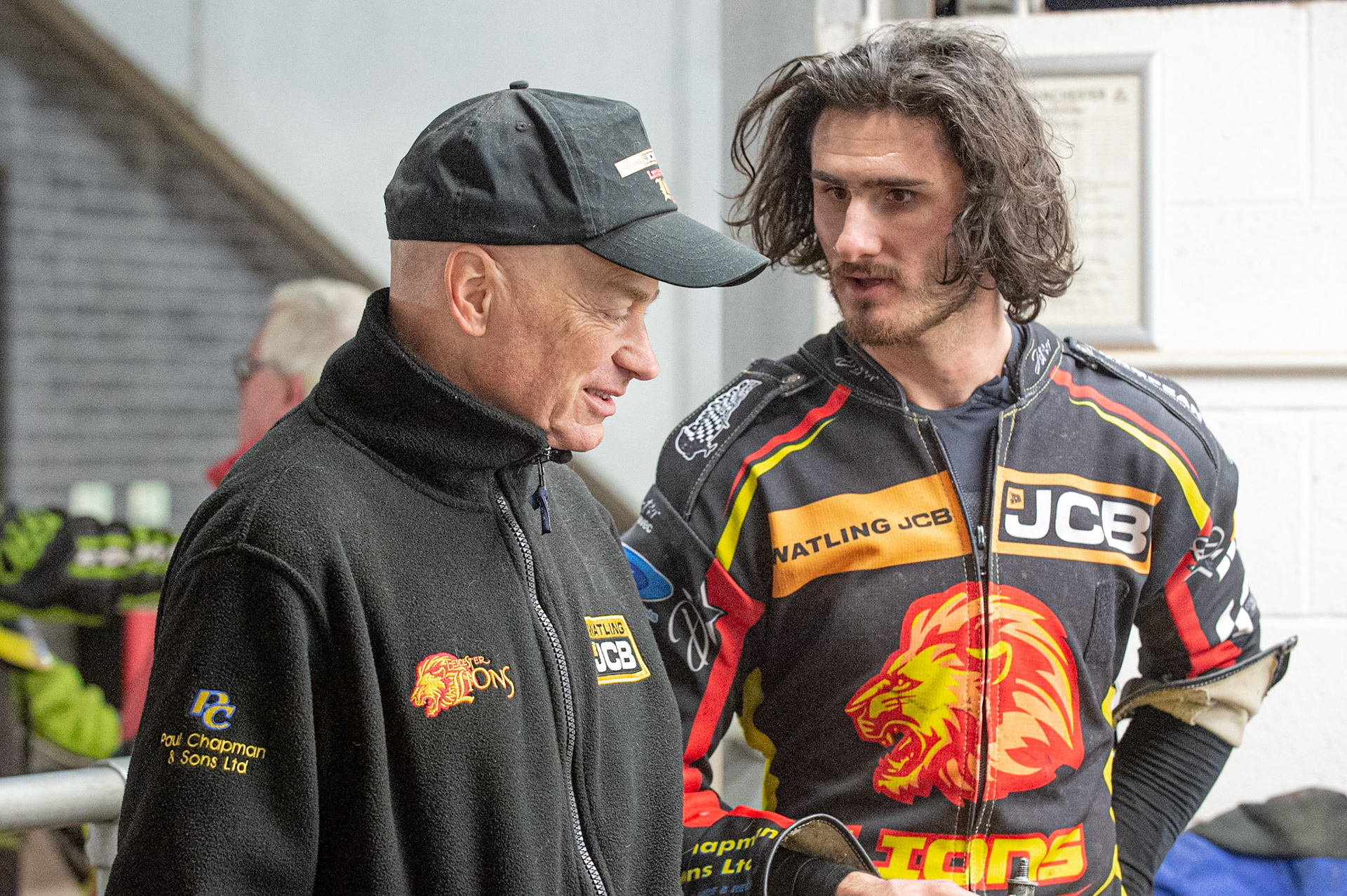 Photo: Ian Charles

Ellis Perks  (right) chats with Leicester Cubs  team manager David Howard

Belle Vue Colts v Leicester Lion Cubs, SGB National League KO Cup Final (2nd Leg), Belle Vue National Speedway Stadium, Manchester, Tuesday 29  October  2019
