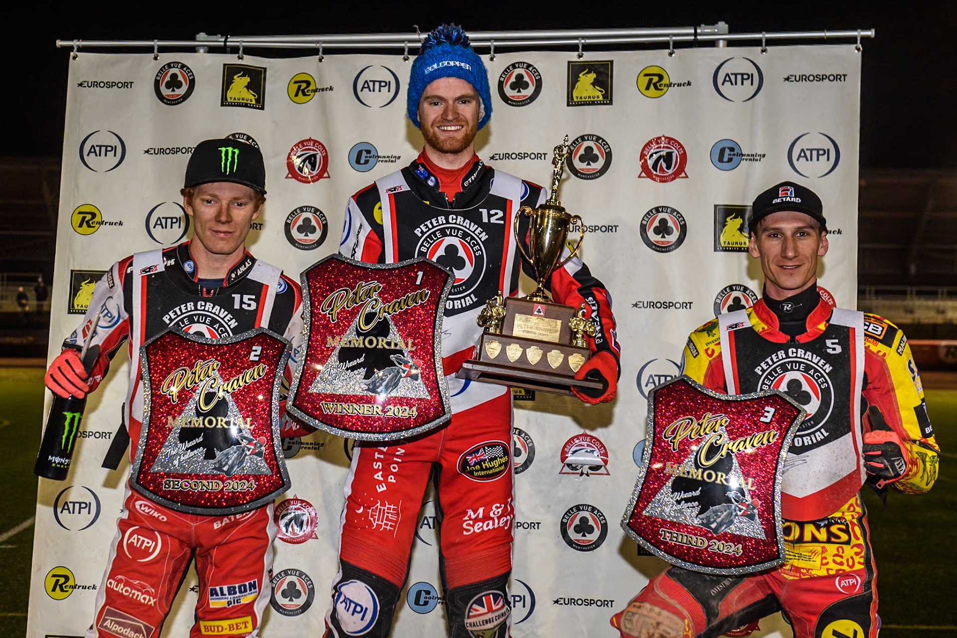Top 3: (L to R) England's Dan Bewley (2nd), Australia's Brady Kurtz (1st), Australia's Max Fricke (3rd) during the Peter Craven Memorial Trophy meeting at the National Speedway Stadium, Manchester on Monday 18th March 2024. (Photo: Ian Charles | MI News)