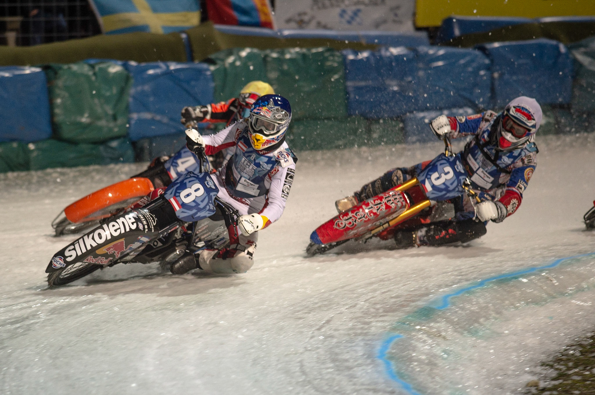 BERLIN GERMANY  - February 29  Franky Zorn (Blue) leads Jan Klatovsky (White) and Lukas Hutla (Yellow) of The Czech Republic  during theIce Speedway of Nations (Day 1) at the Horst-Dohm-Eisstadion, Berlin,  on Saturday 29 February 2020. (Credit: Ian Charles | MI News)