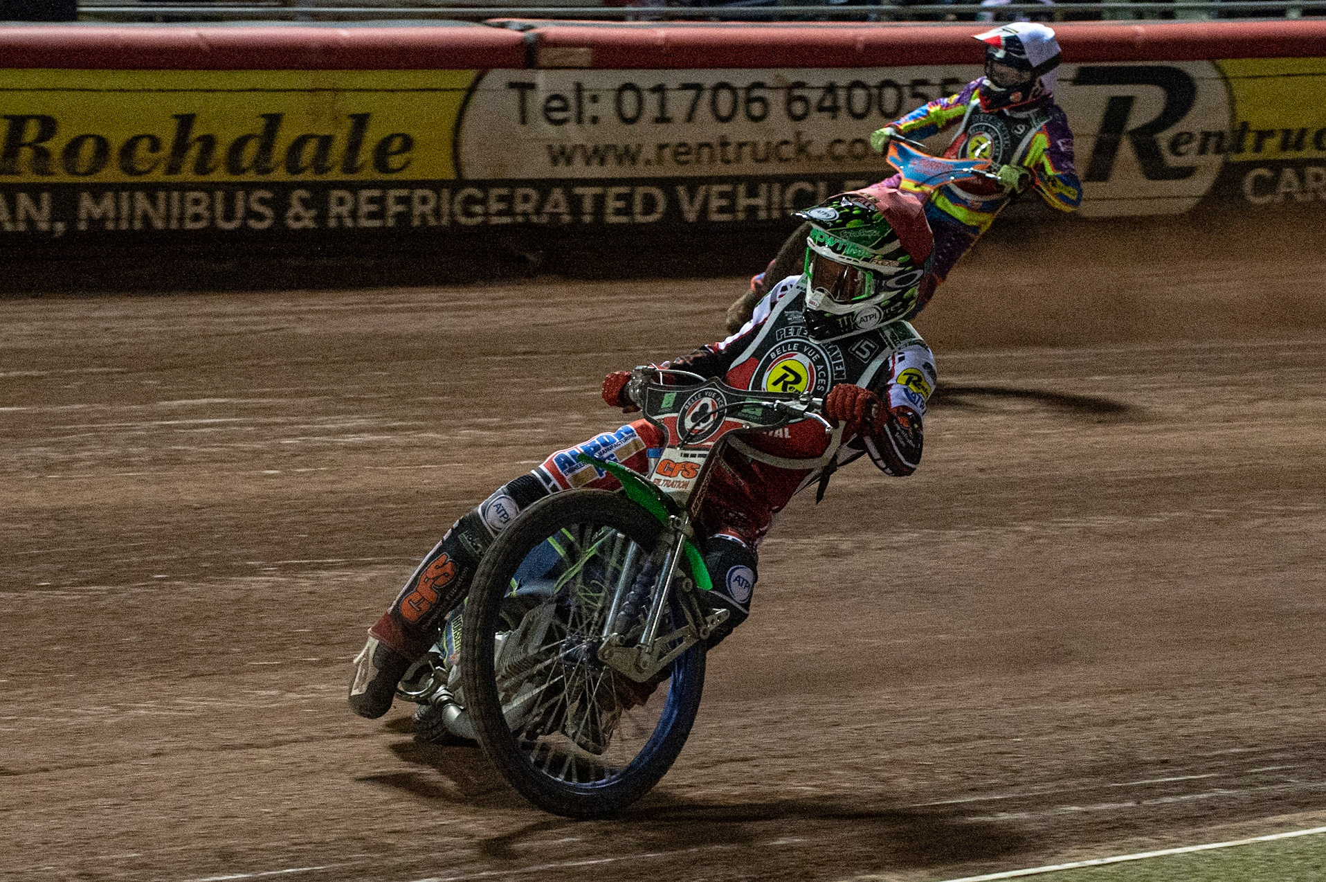 Photo: Ian CharlesDan Bewley (Red) leads Rory Schlein (White)Peter Craven Memorial Trophy, National Speedway Stadium, Manchester Thursday  22  October  2020