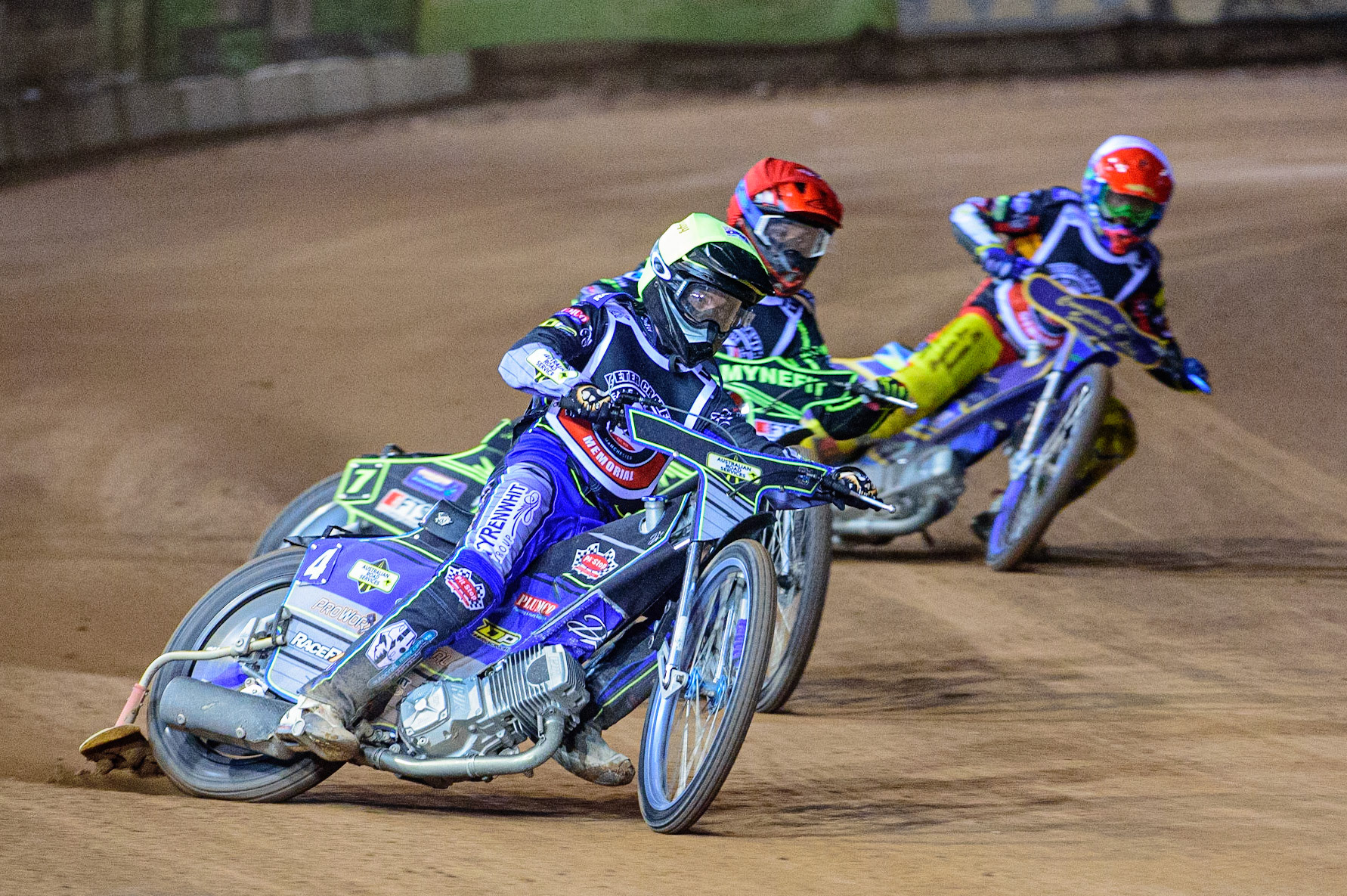 MANCHESTER, UK. OCT 23RD  Ryan Douglas  (Yellow) leads Jye Etheridge  (Red) and Kyle Howarth  (White) during the Peter Craven Memorial Trophy event at the National Speedway Stadium, Manchester on Saturday 23rd October 2021. (Credit: Ian Charles | MI News)