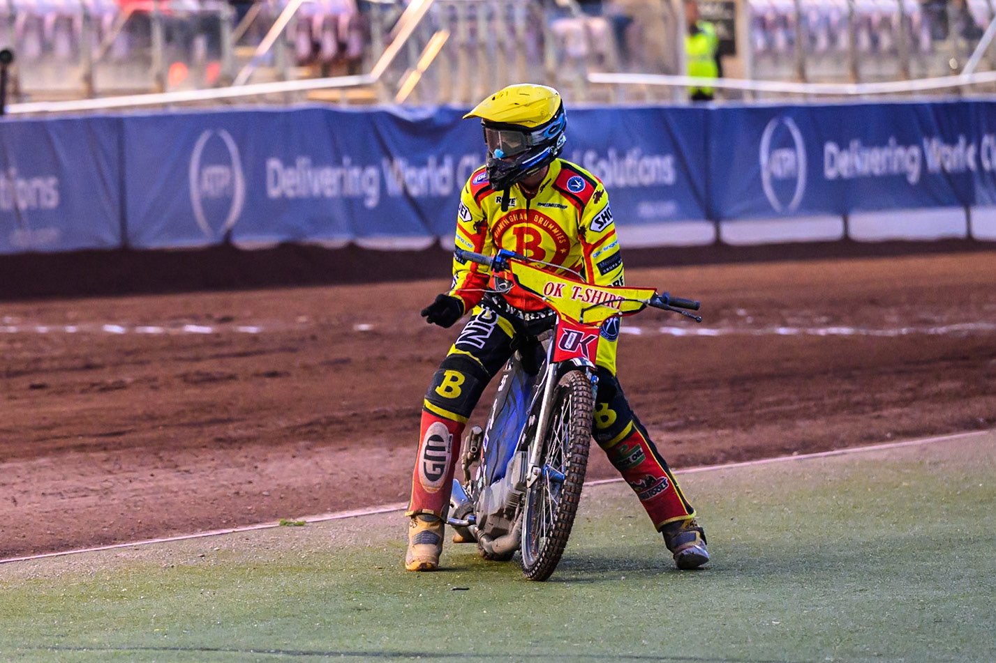 Birmingham Brummies' Matej Zagar pulls up after his machine fails in the final heat during the Rowe Motor Oil Premiership match between Belle Vue Aces and Birmingham Brummies at the National Speedway Stadium, Manchester on Monday 7th July 2025. (Photo: Ian Charles | MI News)