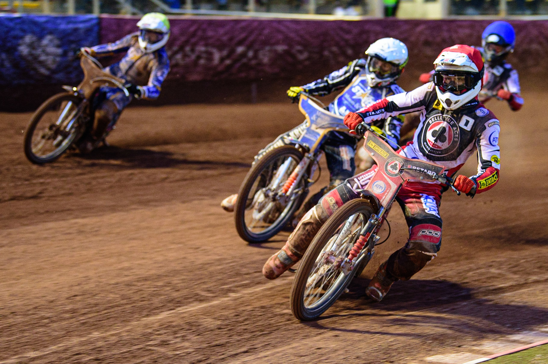 MANCHESTER, UK. MAY 16TH Max Fricke  (Red) leads Niels-Kristian Iversen  (White) and Josh Pickering  (Yellow) with Brady Kurtz  (Blue) behind during the SGB Premiership match between Belle Vue Aces and King's Lynn Stars at the National Speedway Stadium, Manchester on Monday 16th May 2022. (Credit: Ian Charles | MI News)