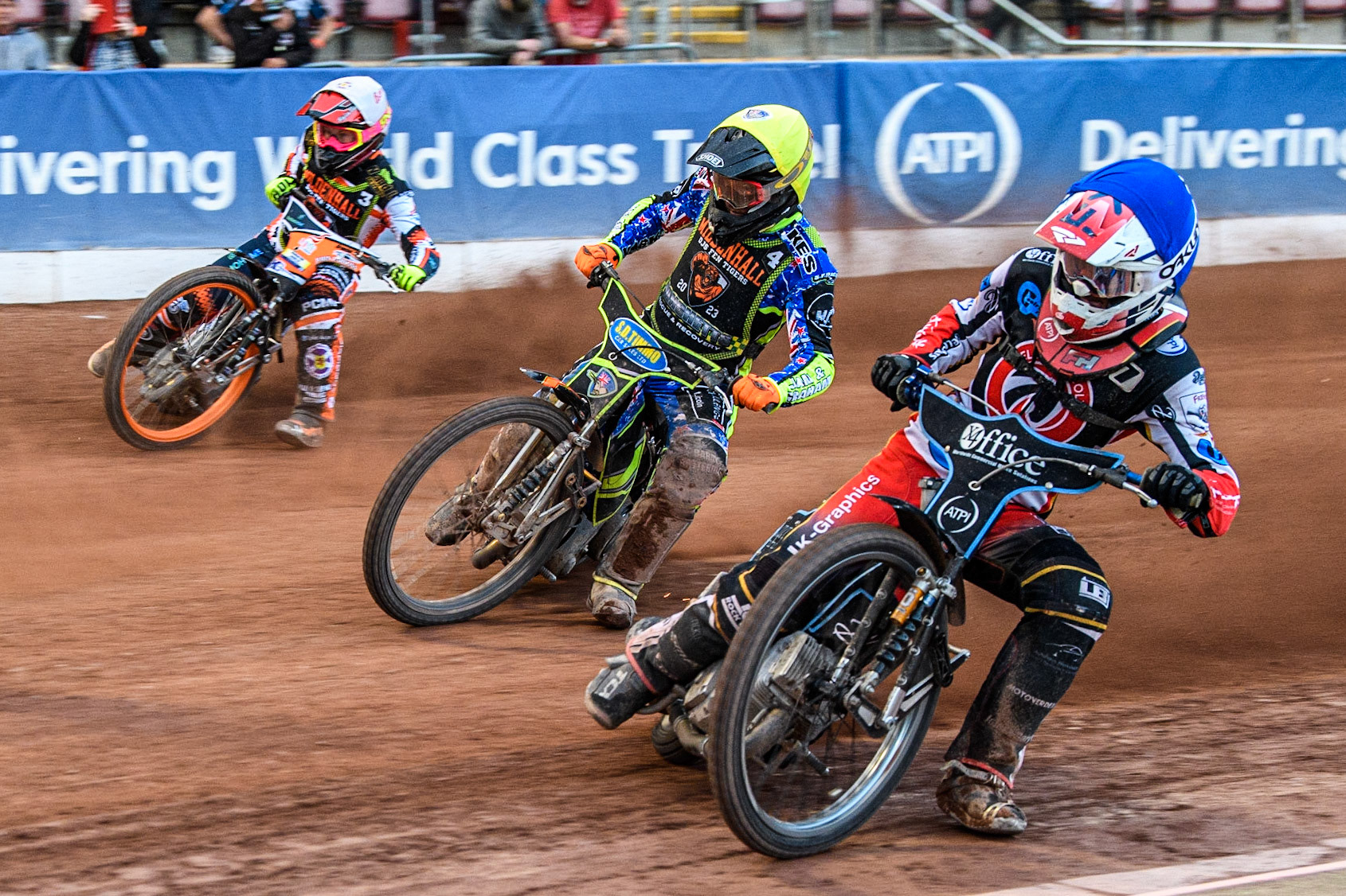 Freddy Hodder (Blue) inside George Congreve (Yellow) and Ben Trigger (White) during the National Development League match between Belle Vue Colts and Mildenhall Fens Tigers at the National Speedway Stadium, Manchester on Friday 26th May 2023. (Photo: Ian Charles | MI News)