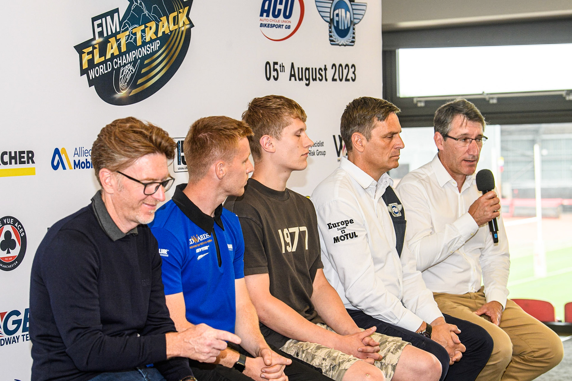 (l - r) Former World Speedway Champion and ATPI Representitive Jason Crump, British Flat Track Round Wild Card, Tim Neave, Flat Track rider Archie May, FIM Representitive Phil Morris, Belle Vue CEO Mark Lemonduring the FIM Flat Track World Championship &amp; FIM Women's Speedway Academy Launch at the National Speedway Stadium, Manchester on Monday 3rd July 2023. (Photo: Ian Charles | MI News)