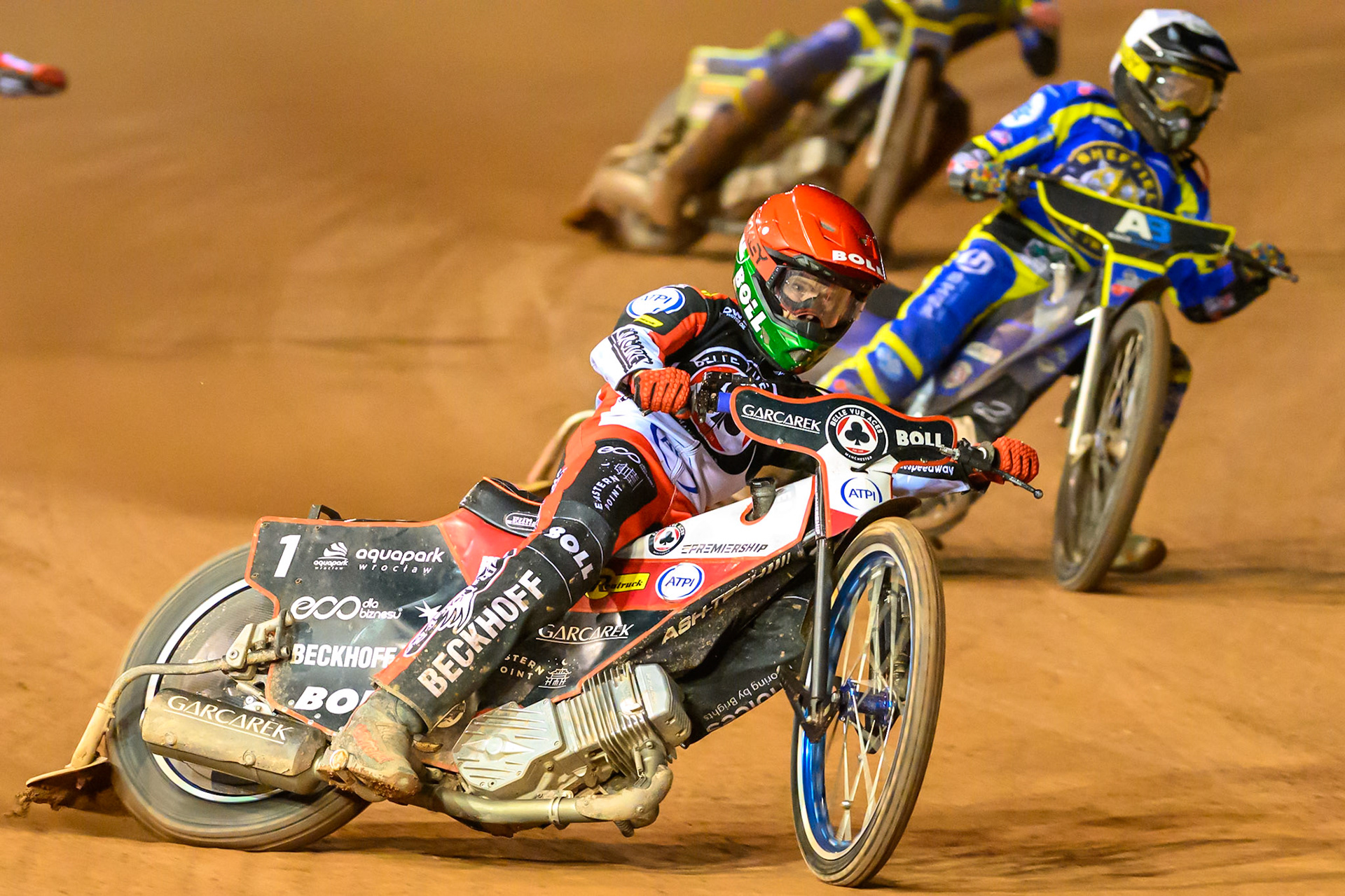 Brady Kurtz of Belle Vue Aces in Red leading Josh Pickering of Sheffield Tigers in White during the Rowe Motor Oil Premiership match between Belle Vue Aces and Sheffield Tigers at the National Speedway Stadium, Manchester on Monday 14th September 2026. (Photo: Ian Charles | MI News)
