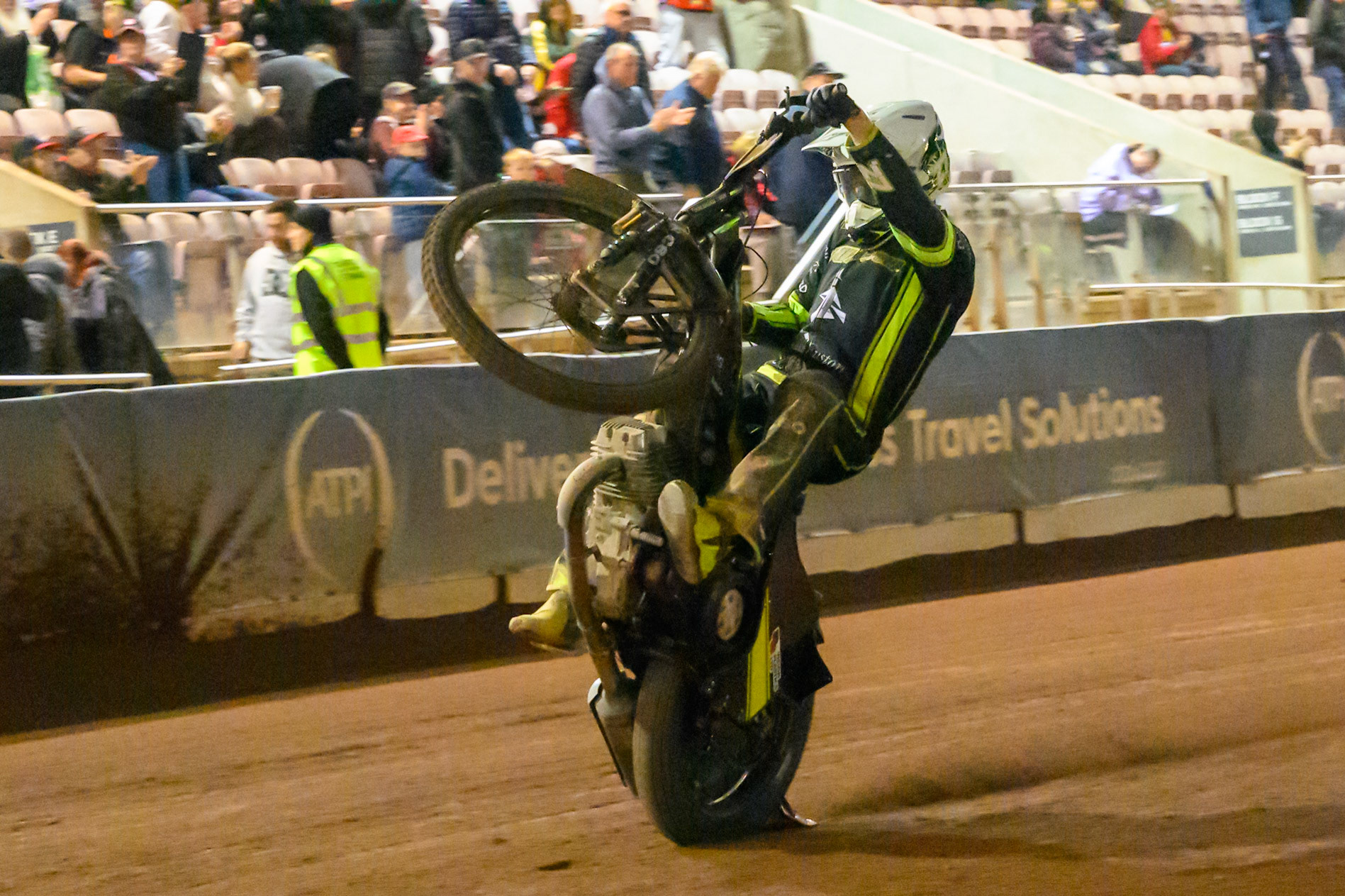 Tom Brennan of Ipswich Witches celebrates with a wheelie during the Rowe Motor Oil Premiership Play Off Semi Final 2nd leg match between Belle Vue Aces and Ipswich Witches at the National Speedway Stadium, Manchester on Monday 28th September 2026. (Photo: Ian Charles | MI News)