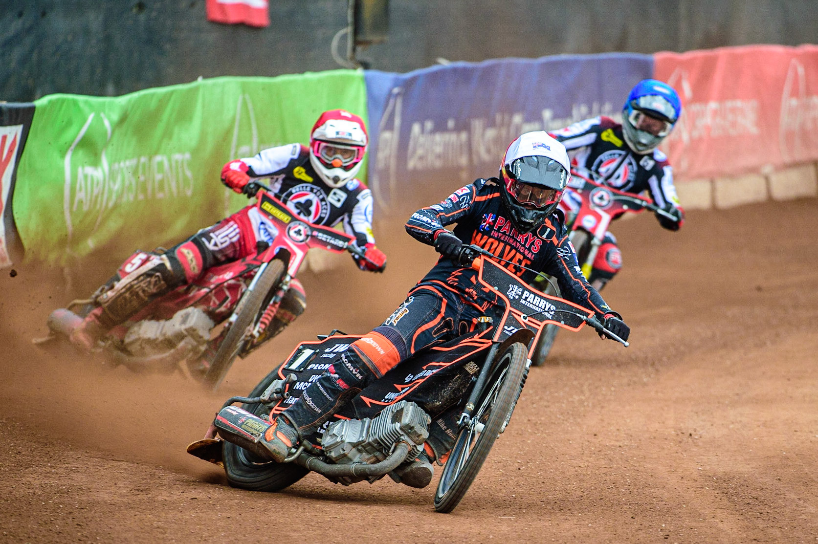 Sam Masters  (White) leads Max Fricke  (Red) and Jye Etheridge  (Blue) during the SGB Premiership match between Belle Vue Aces and Wolverhampton Wolves at the National Speedway Stadium, Manchester on Monday 29th August 2022. (Credit: Ian Charles | MI News)
