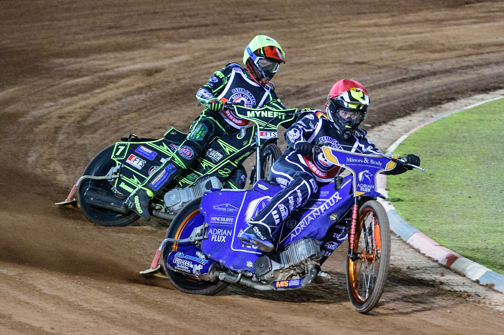 MANCHESTER, UK. OCT 23RD  Erik Riss  (Red) leads Jye Etheridge  (Yellow) during the Peter Craven Memorial Trophy event at the National Speedway Stadium, Manchester on Saturday 23rd October 2021. (Credit: Ian Charles | MI News)