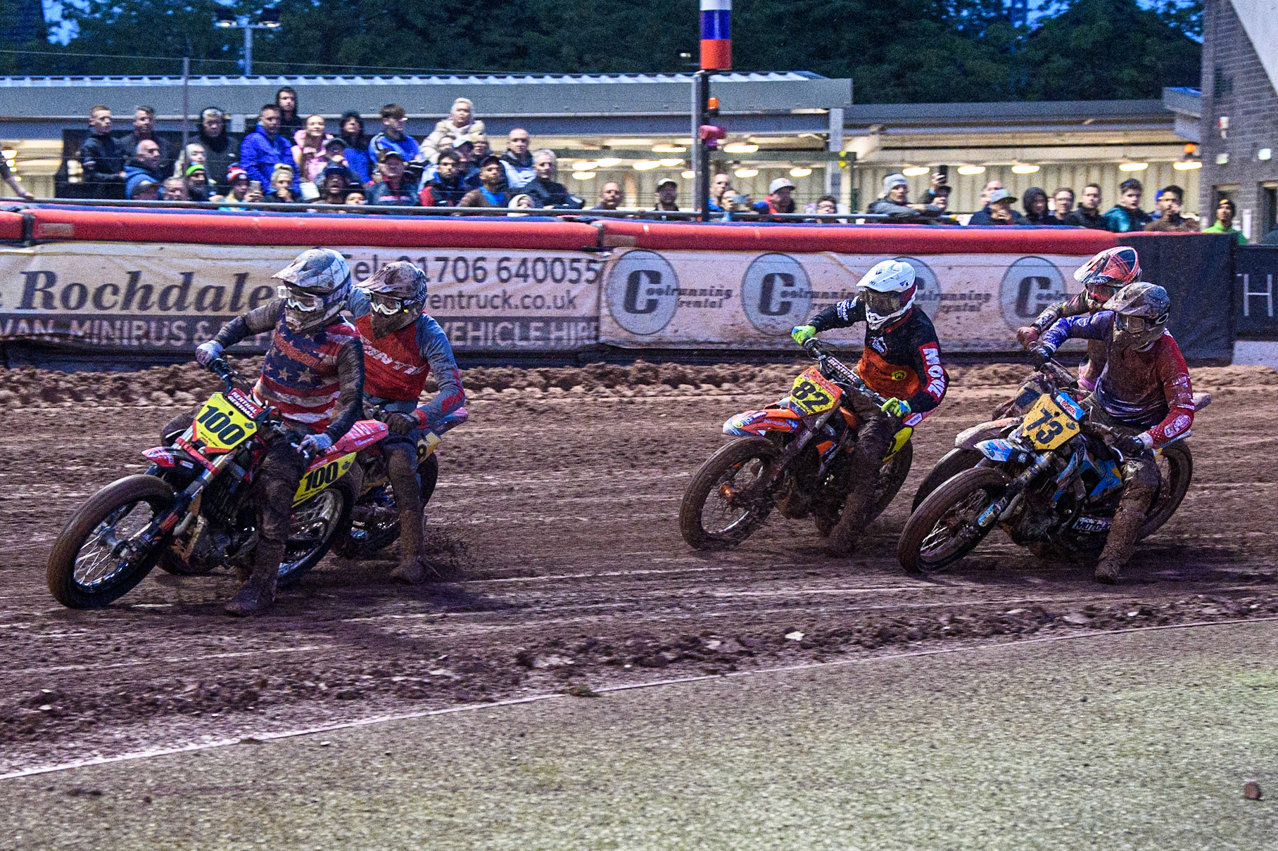 The first turn for the last chance heat during the FIM World Flat Track Championship Round 1 at the National Speedway Stadium, Manchester on Saturday 5th August 2023. (Photo: Ian Charles | MI News)