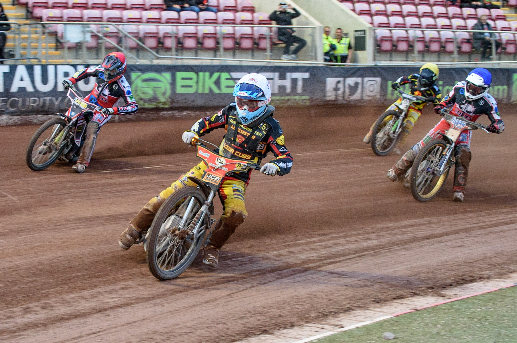 MANCHESTER, UK. JULY 29TH   Joe Thompson  (White) leads Jack Parkinson-Blackburn  (Red) and Paul Bowen  (Blue) with \ll6l (Yellow) behind during the National Development League match between Belle Vue Colts and Leicester Lion Cubs at the National Speedway Stadium, Manchester on Thursday 29th July 2021. (Credit: Ian Charles | MI News)
